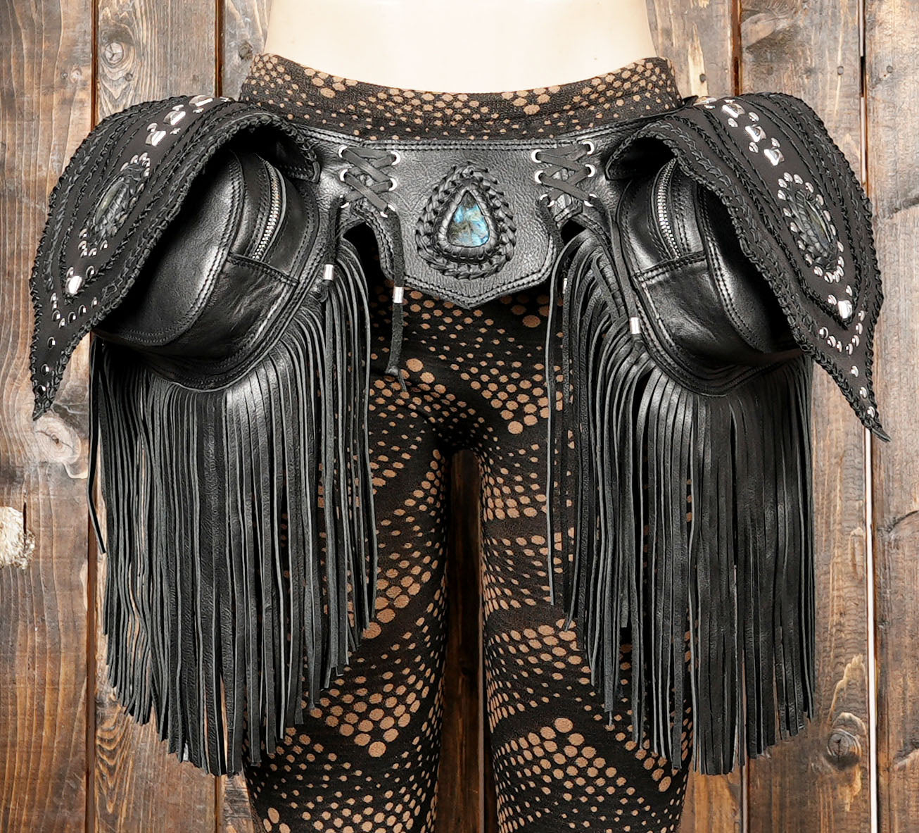 Handmade Black Leather Fringe Belt Bag: Festival Hip Pouch GEMSTONE 