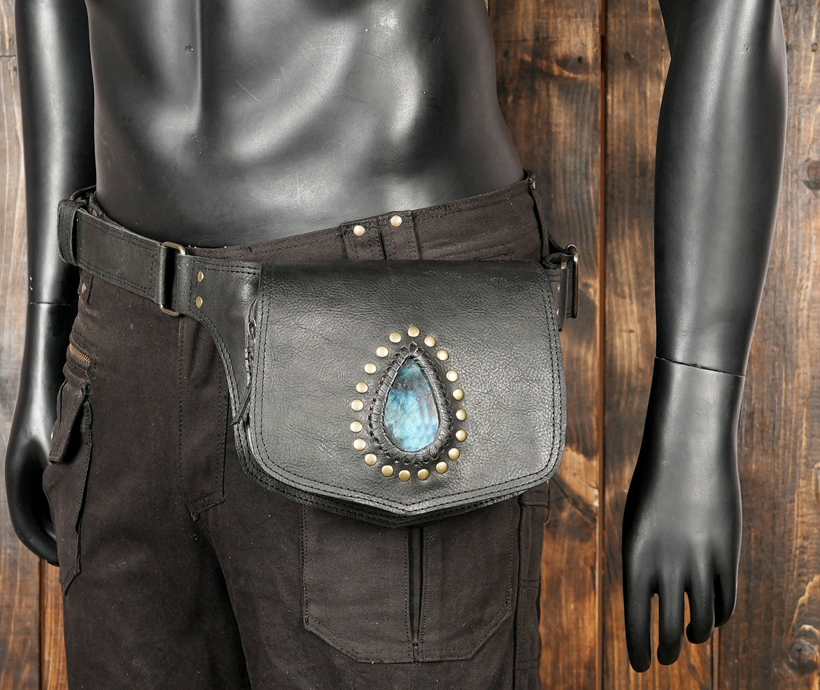 Blue gemstone detail on handmade leather fanny pack
