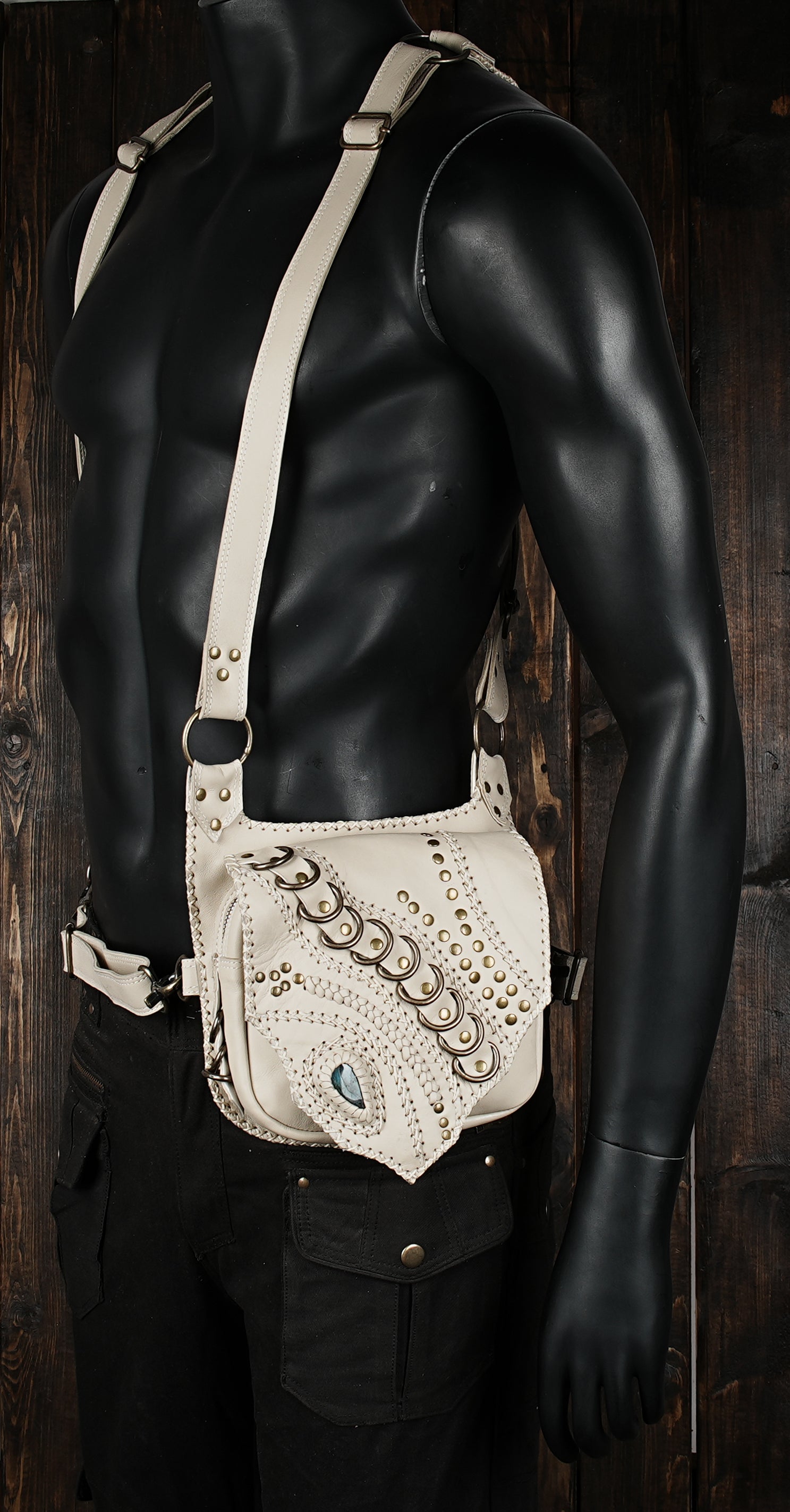 Festival ready white leather harness bag with decorative rivets
