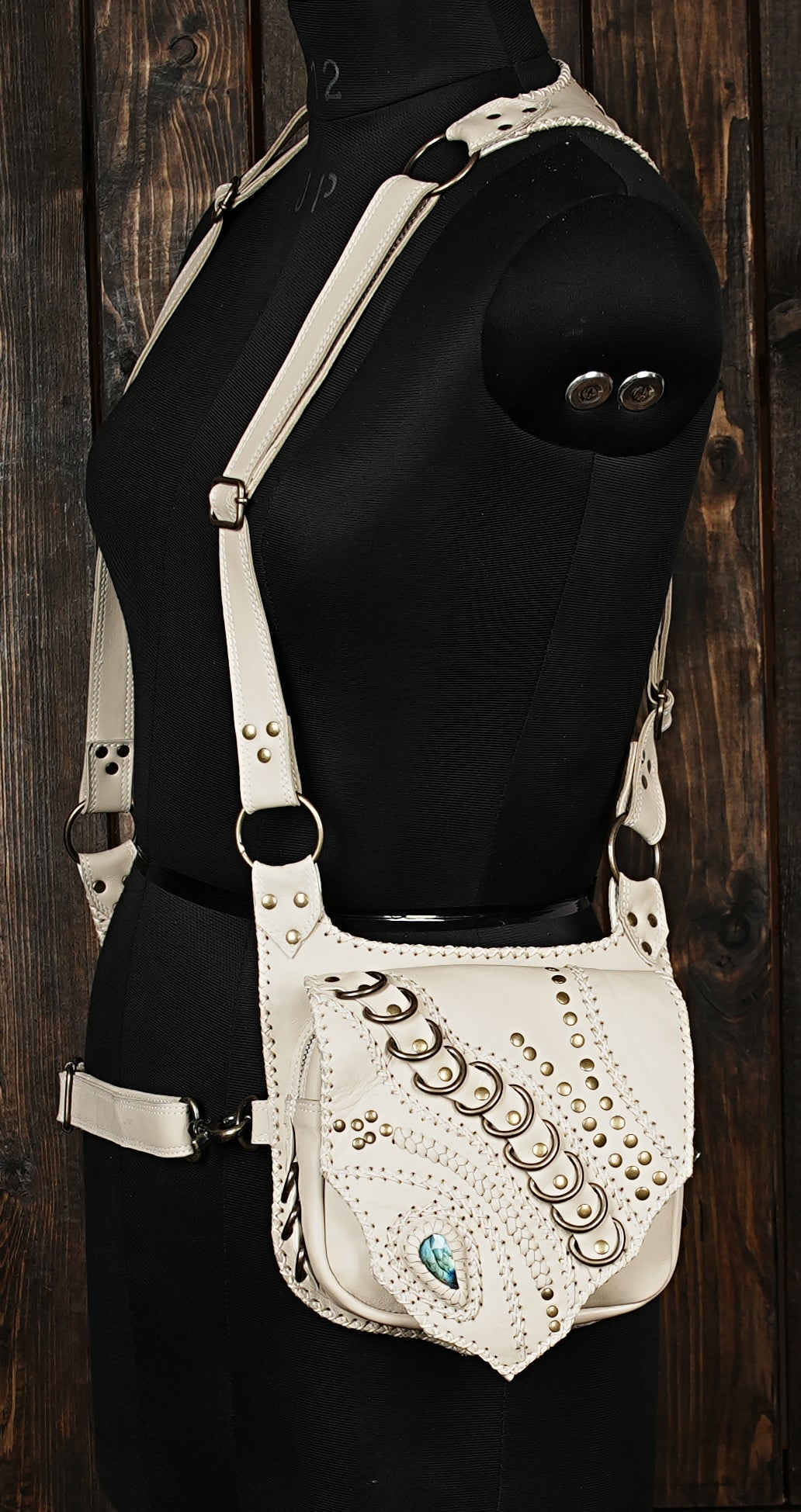 Steampunk cosplay holster bag in white leather with gemstone detail