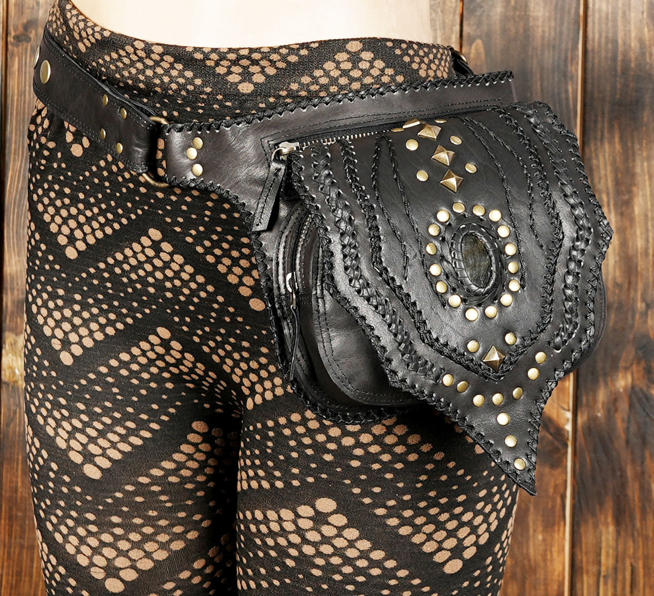 Luxury handmade leather waist bag with gemstone and studs