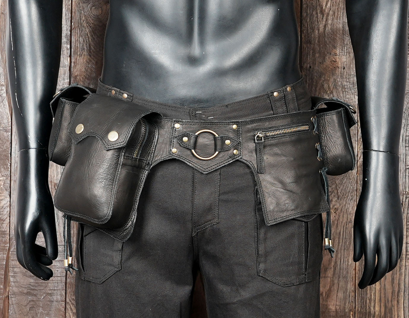 Black leather waist pack for men’s and women’s festival outfits