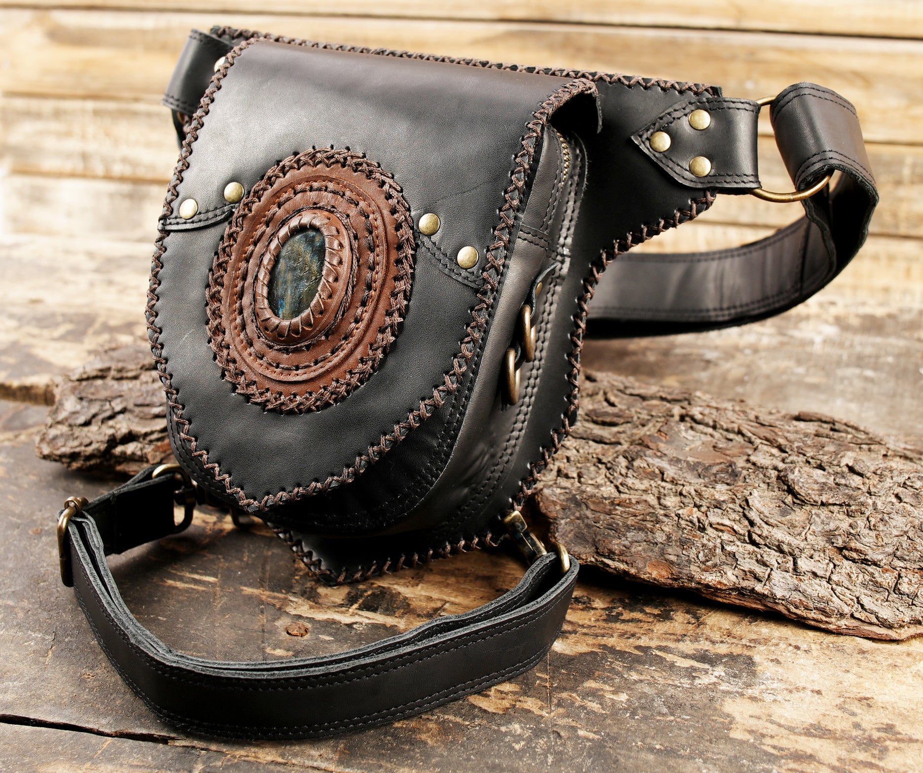 Handmade Leather Belt Bag: Gemstone Fanny Pack, Boho Festival Style