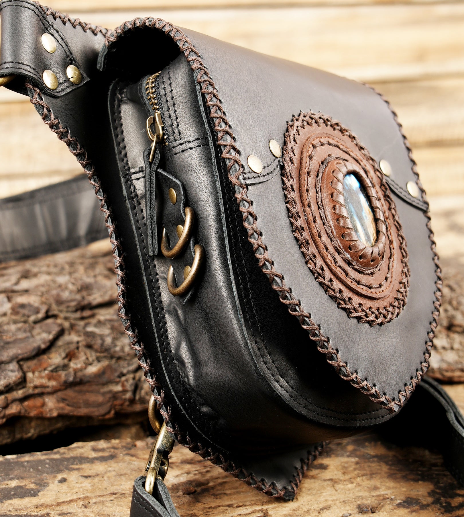 Gothic leather waist bag with natural labradorite stone detail
