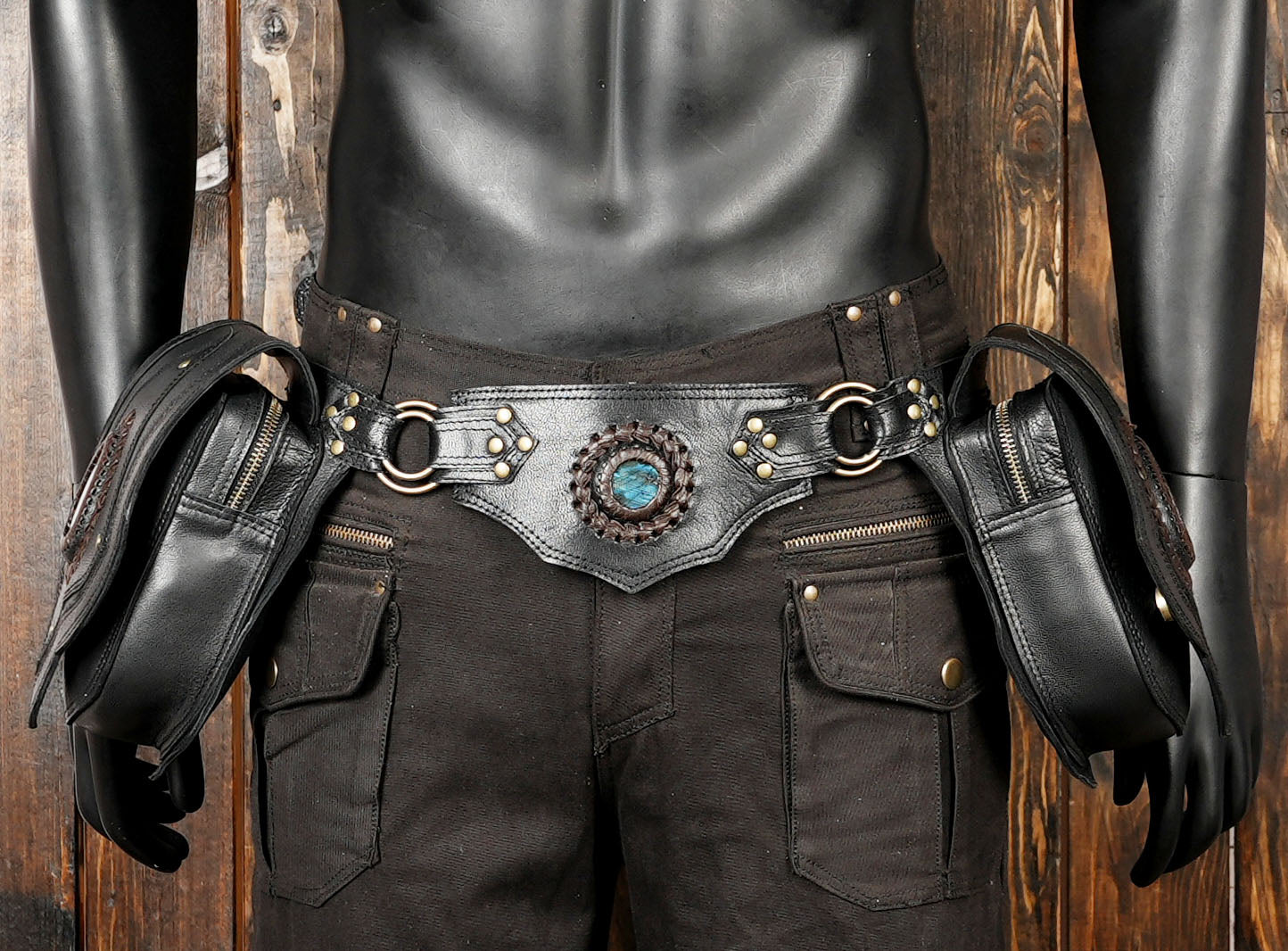 Handmade tribal-style leather waist pouch with gemstone centerpiece