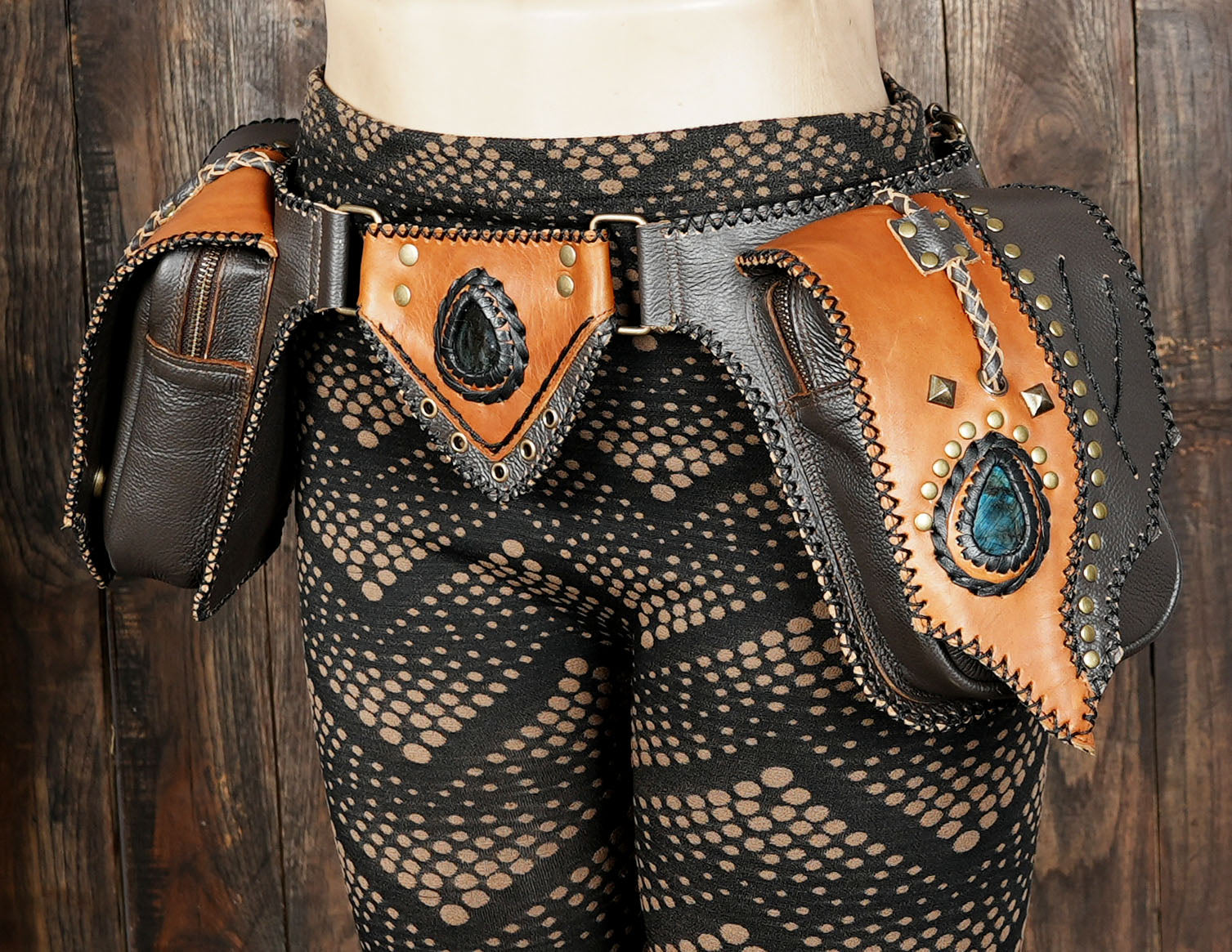 leather utility belt pouch with real gems stone with rope design 