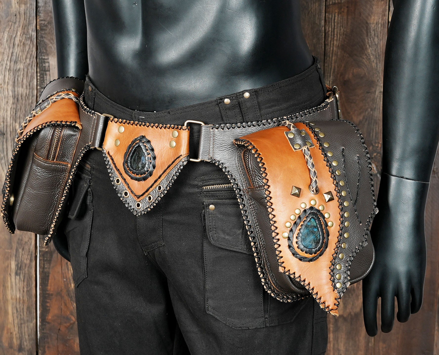 Handmade Leather Belt Pouch with Labradorite Gemstone with unique star and rope  usases