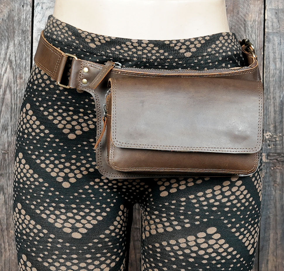 Artisanal leather boho fannypack, festival utility belt with leg strap, brown leather belt bag  with waist belt 