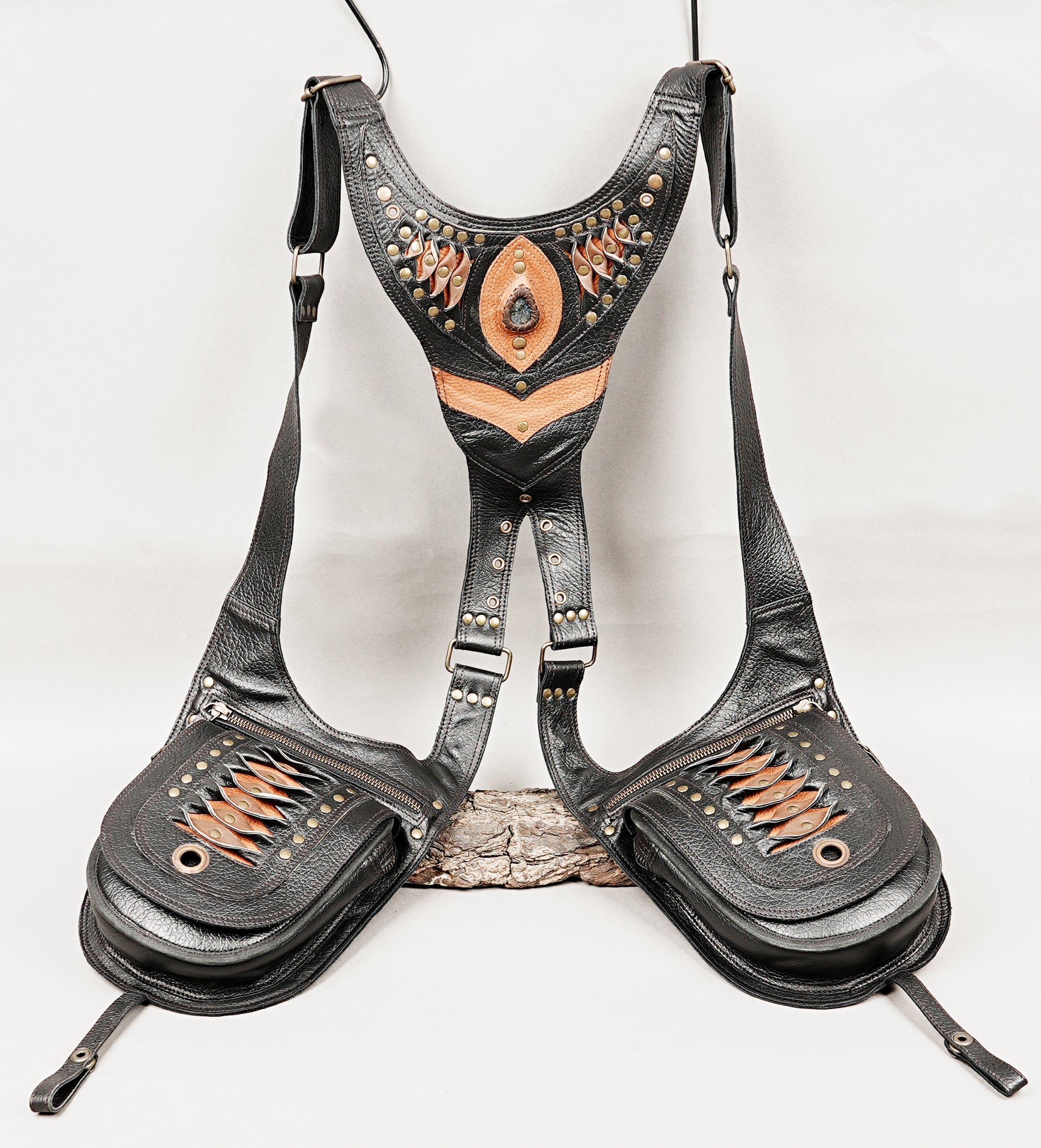 Handmade festival leather harness with dual storage pouches