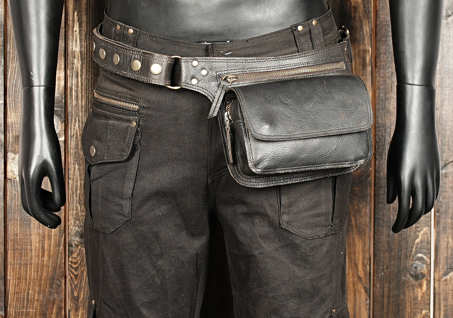 Handmade artisan black leather belt bag for festivals