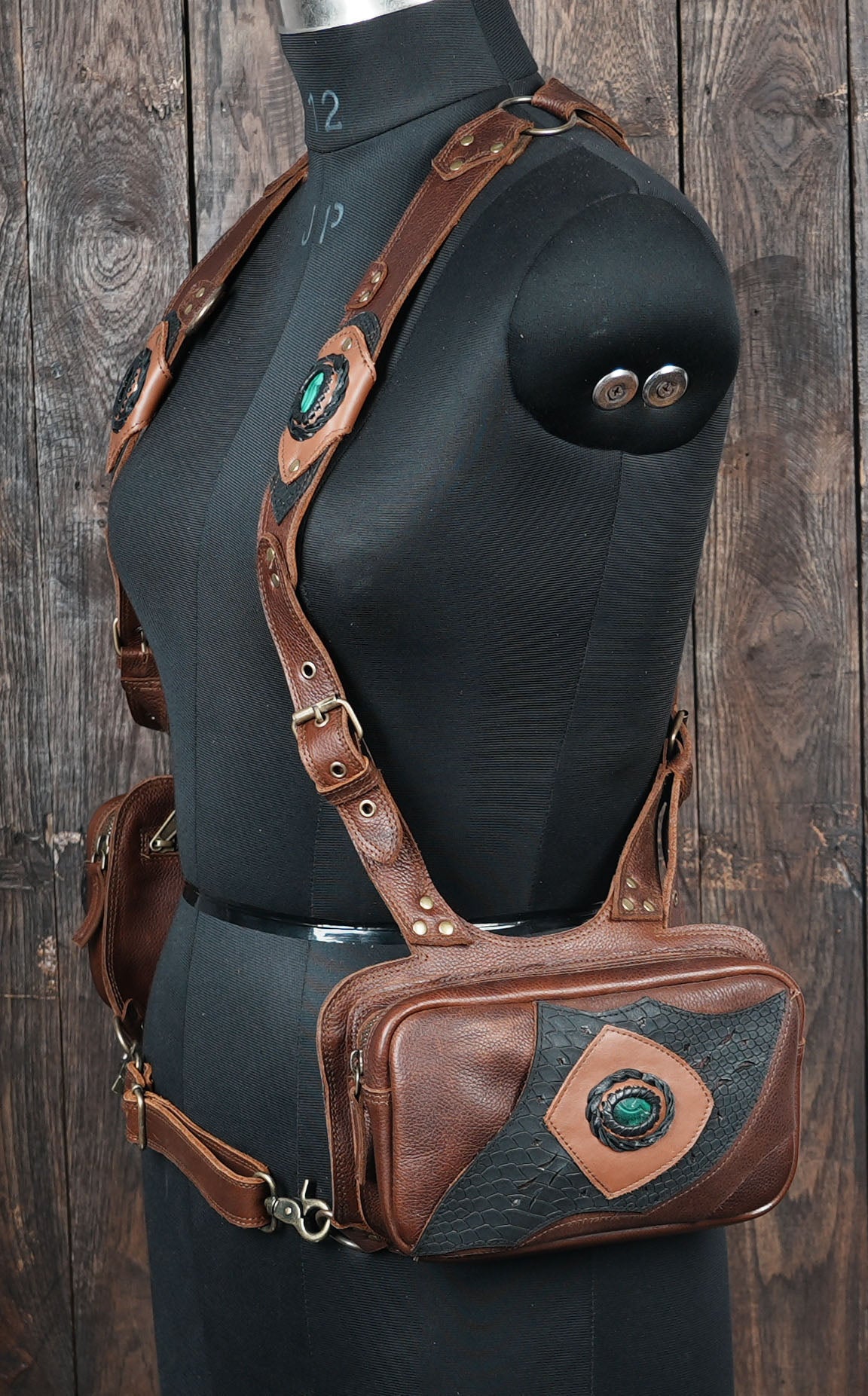 Handmade Leather Holster Belt with Dual Utility Pouches, Steampunk Festival Leather Harness Belt with Gemstone Design, Burning Man Holster