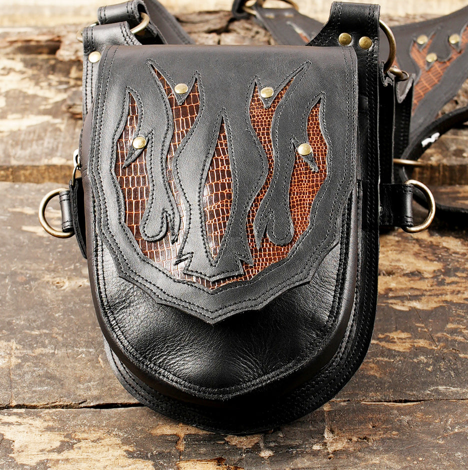 Steampunk leather holster rig with flame pattern and adjustable straps