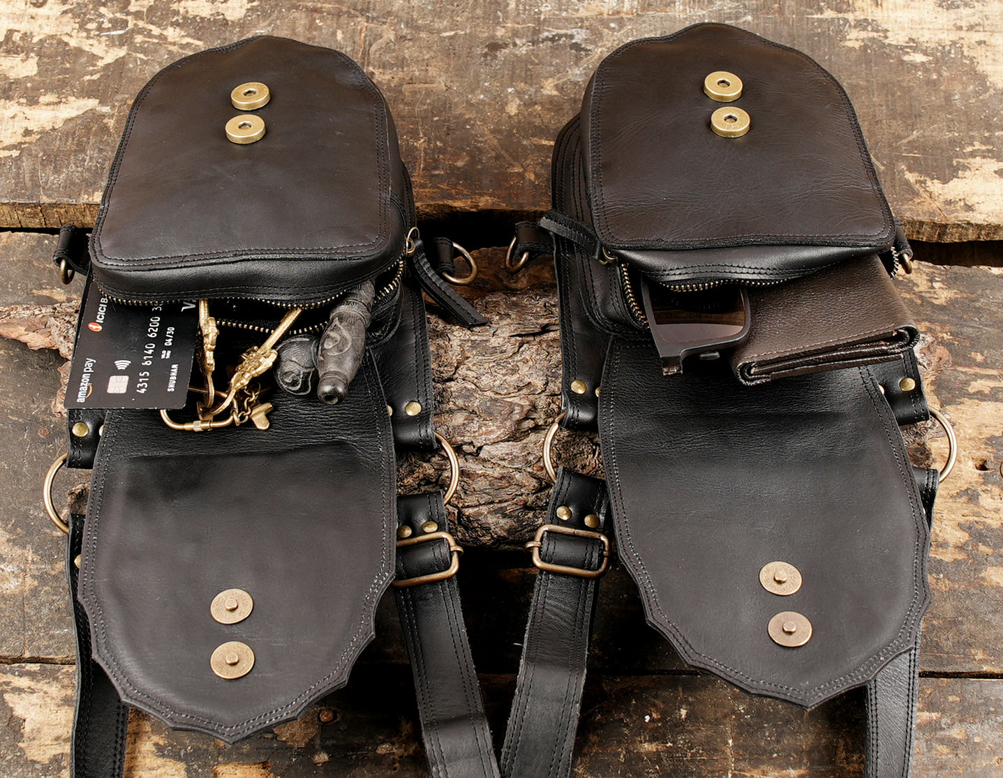 Black leather chest holster with flame design and metal studs