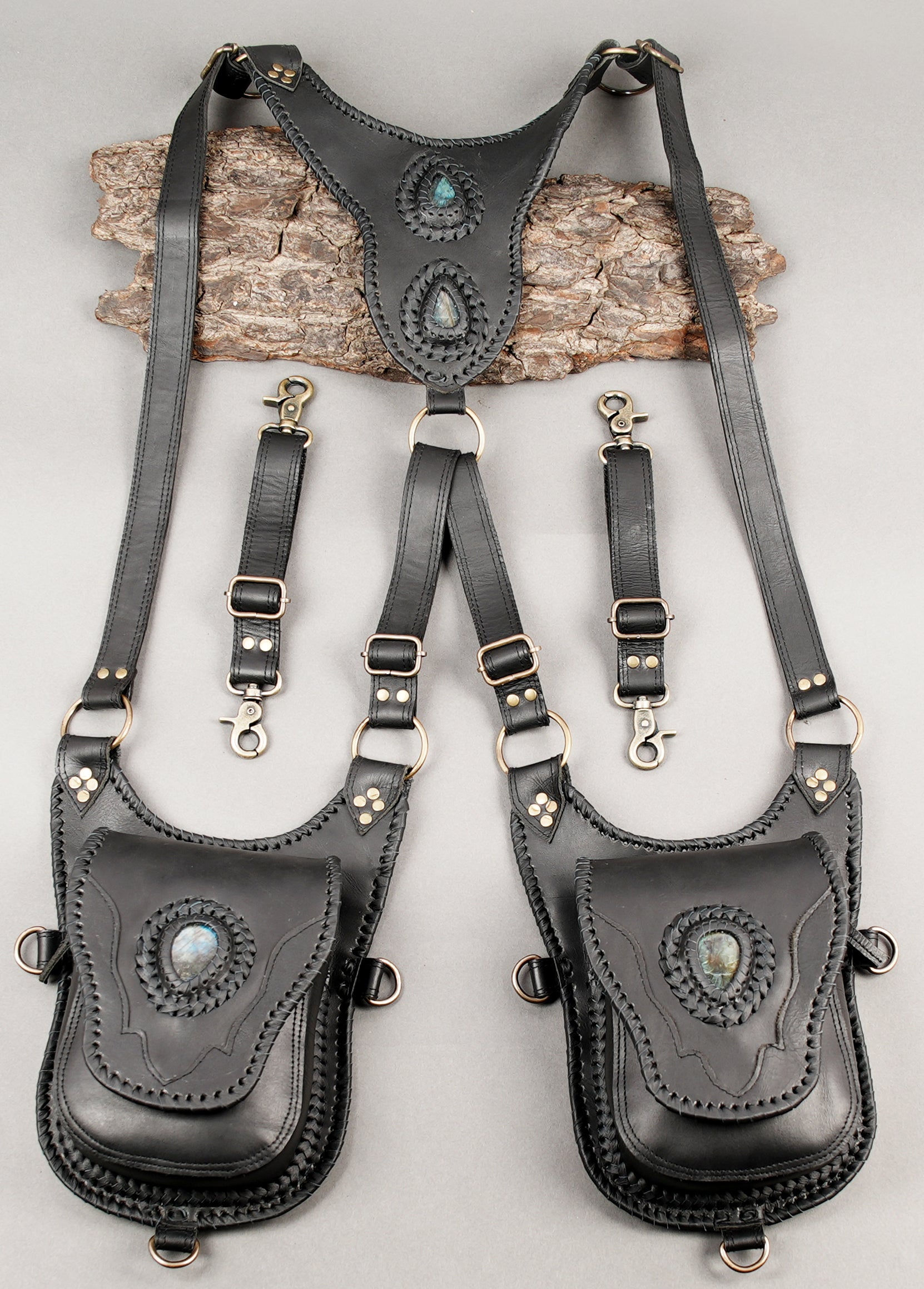 Handmade Leather Holster Belt with Dual Utility Pouches, Steampunk Festival Leather Harness Belt with Gemstone Design, Burning Man Holster