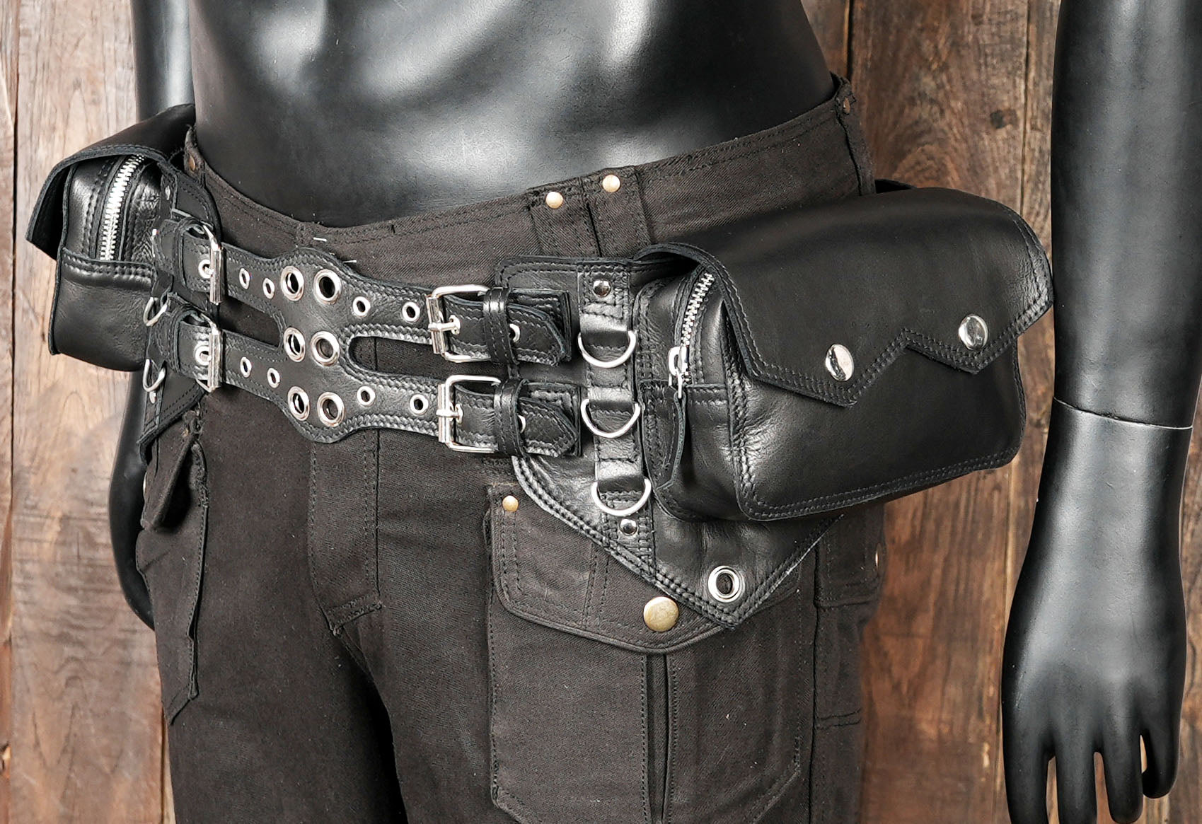 Handmade leather utility belt with multiple compartments