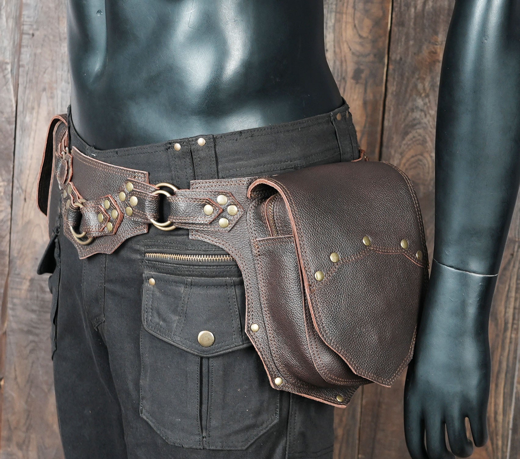 Double pocket brown leather hip pouch for men