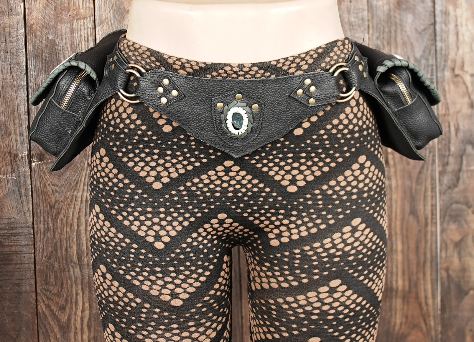 Festival leather pouch belt with gemstone, studs, and textured finish