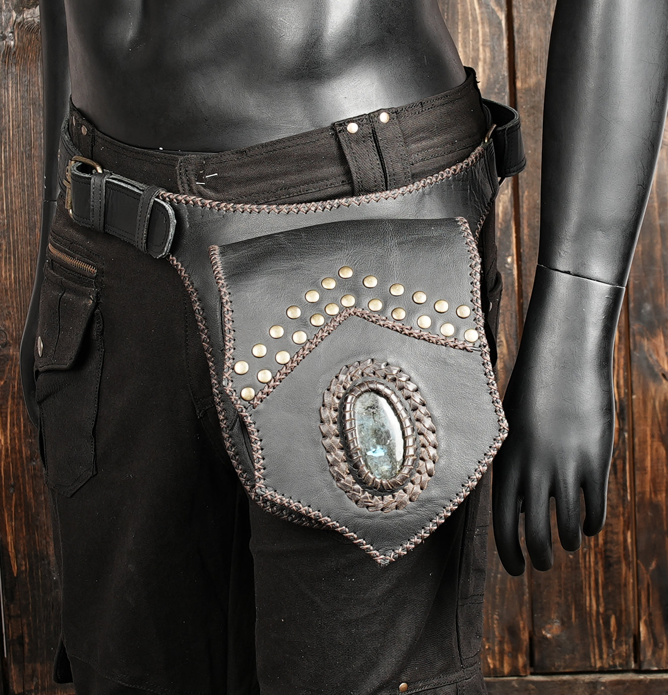 Handmade black leather utility belt with gemstone accent