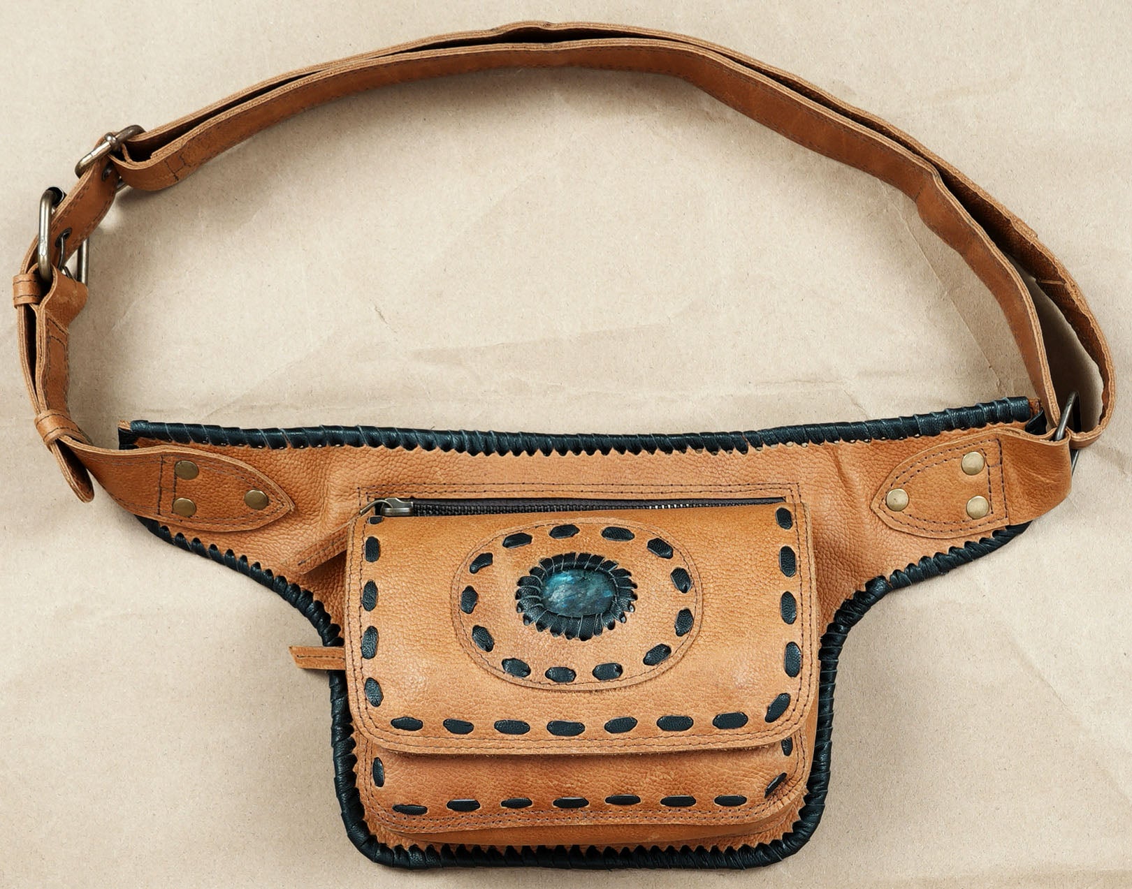 Buy Handmade Brown Leather Waist Bag With Gemstone || Belt with stone 