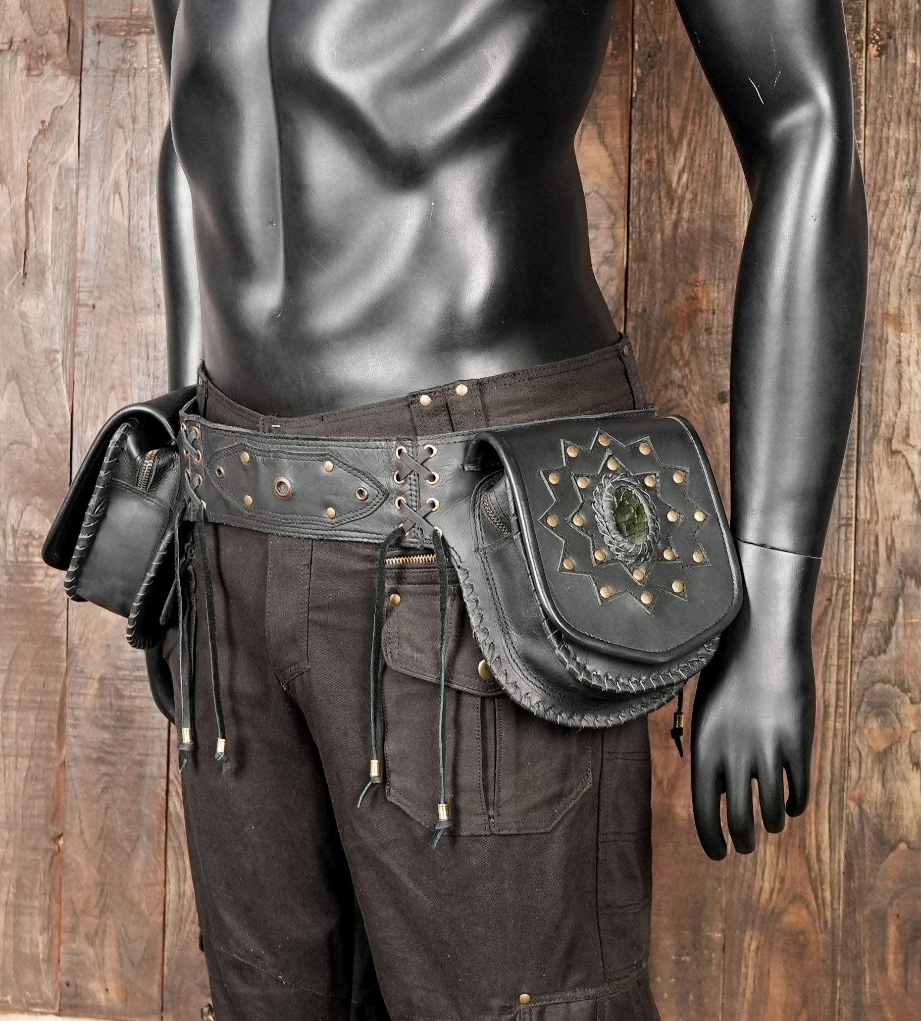 Black Leather Belt Bag with Gemstone and Brass