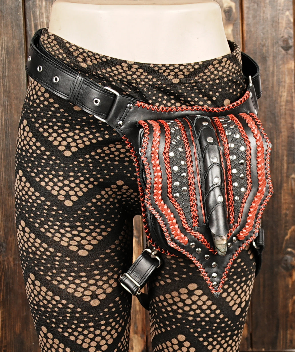 Edgy leather waist pack with gothic red hand stitching