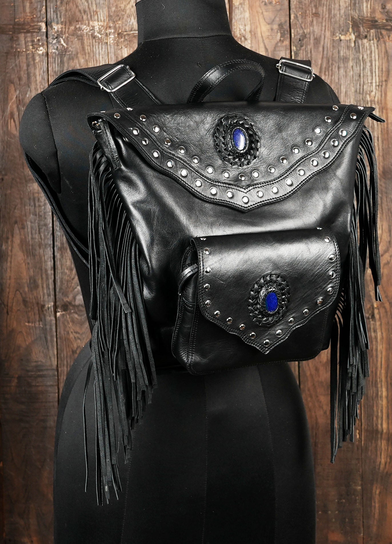 Silver Studded Mini leather backpack Black