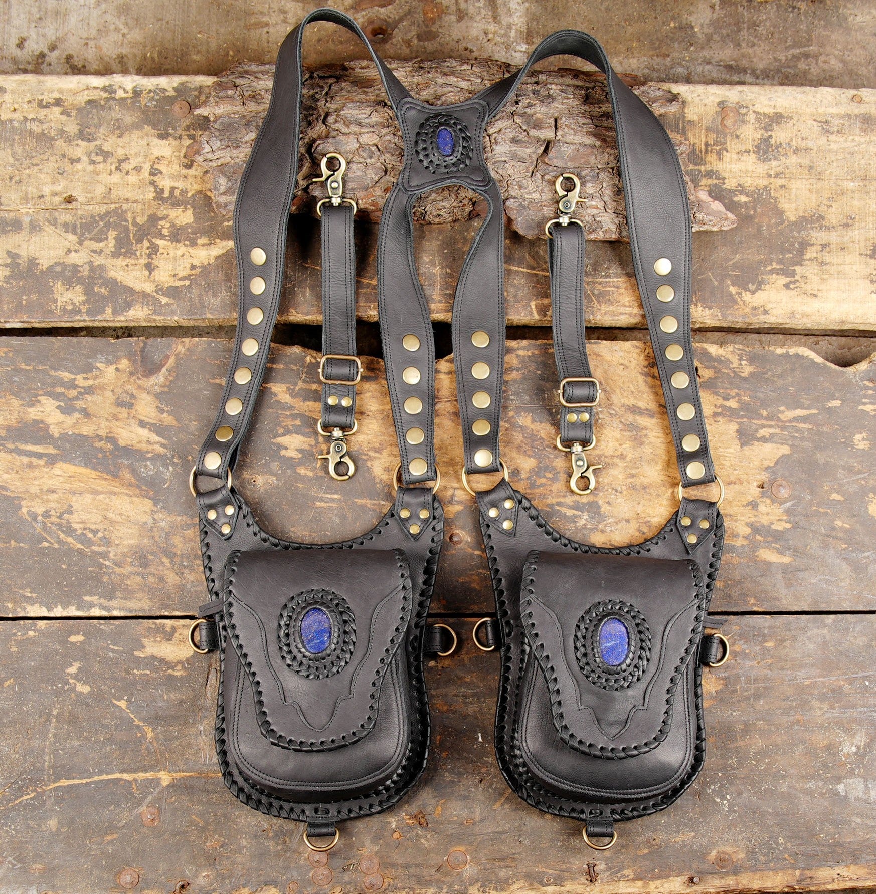 handcrafted black leather shoulder holster bag with blue gemstone