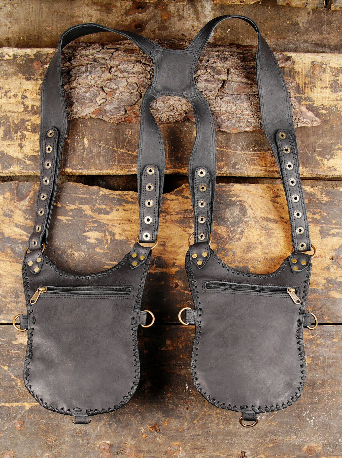 Handcrafted Leather Holster Bag – Dual Pouch, Adjustable Straps, Unisex with back side zipper 