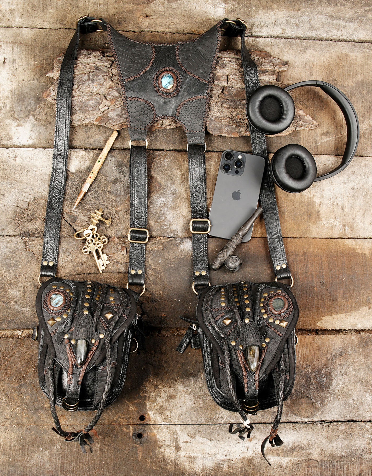 “Black reptile-style leather holster for festivals, cosplay, and travel”