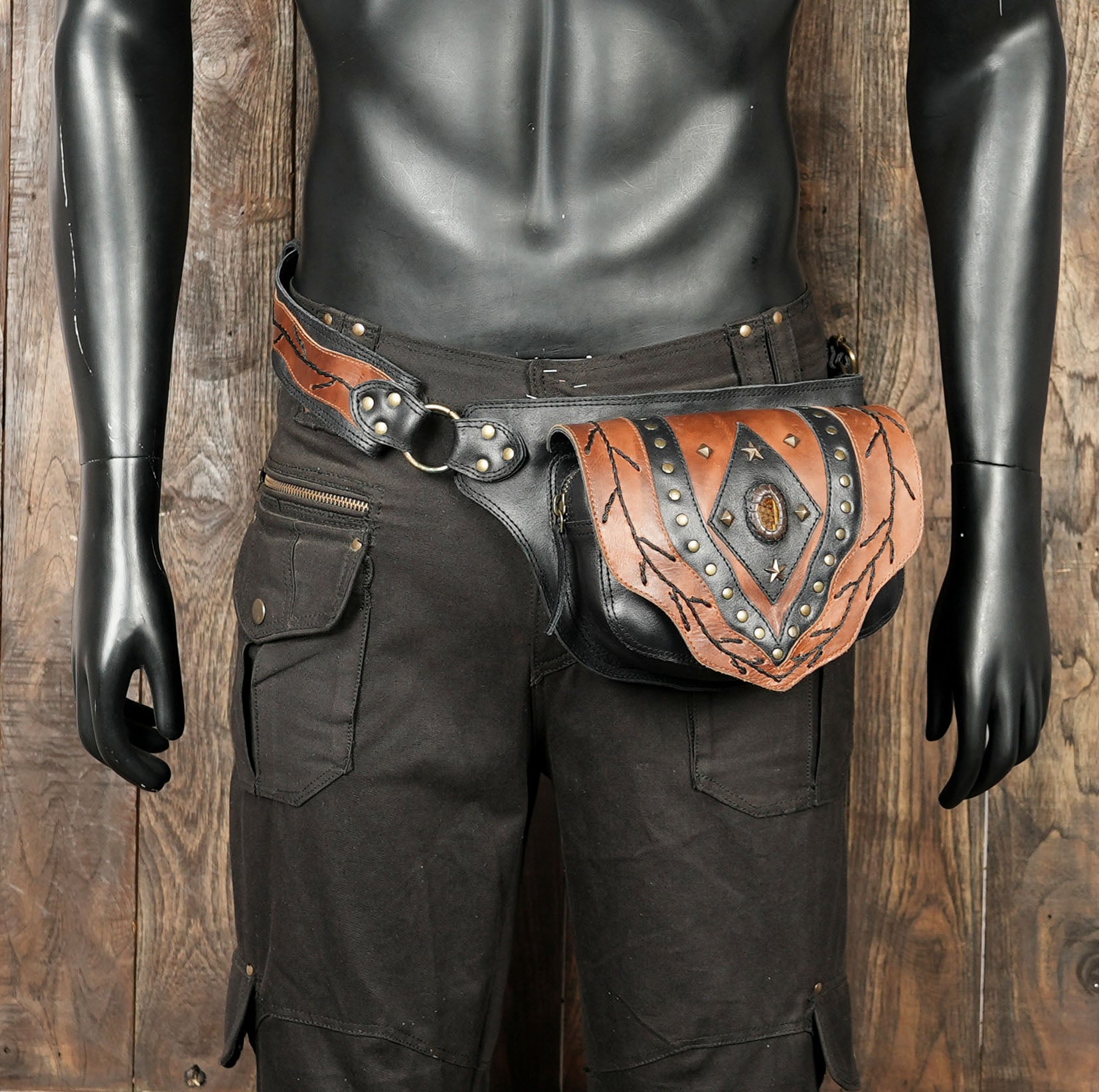 Artisan black and brown leather belt bag for festivals