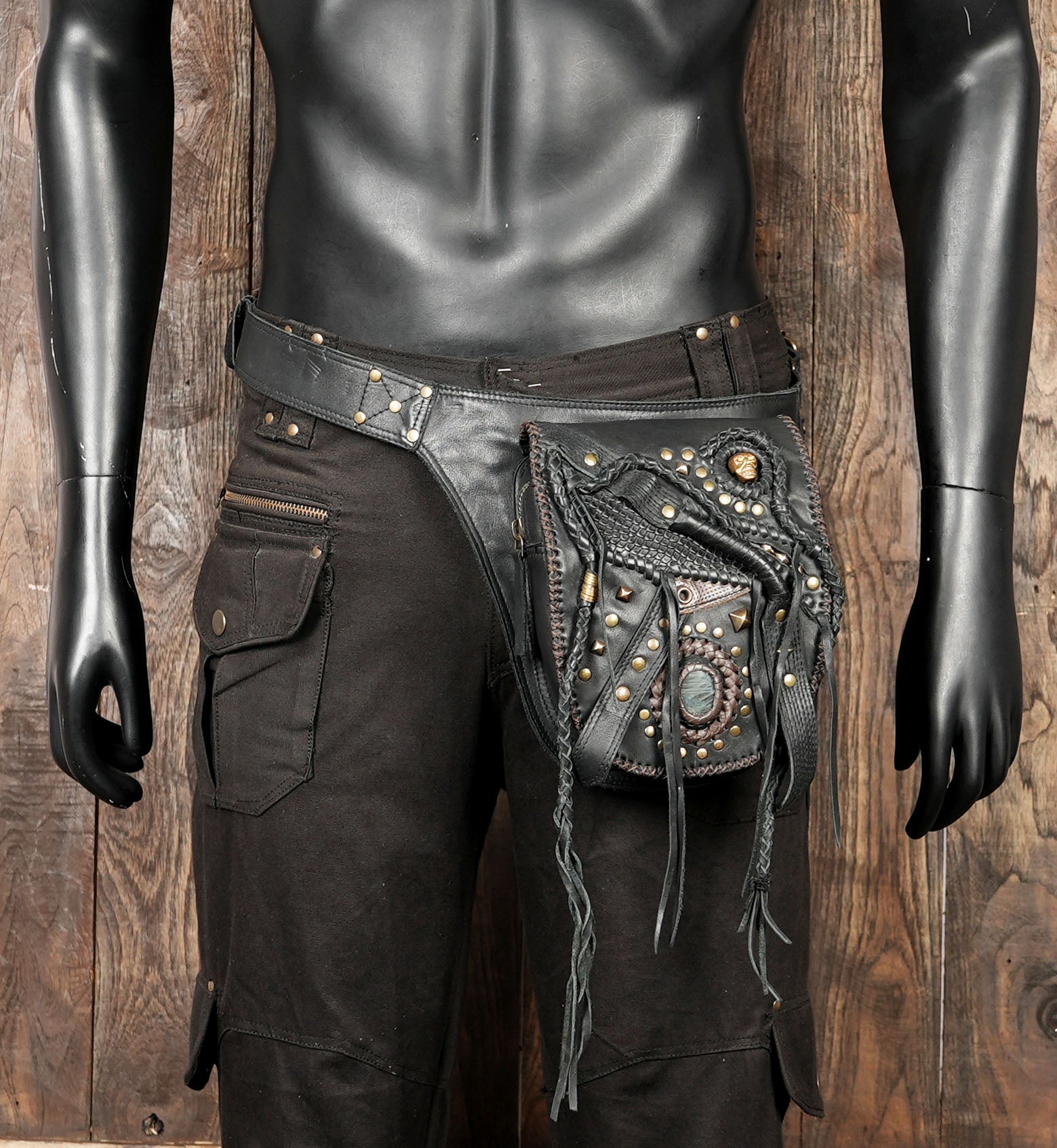 Tribal boho leather waist pouch for women