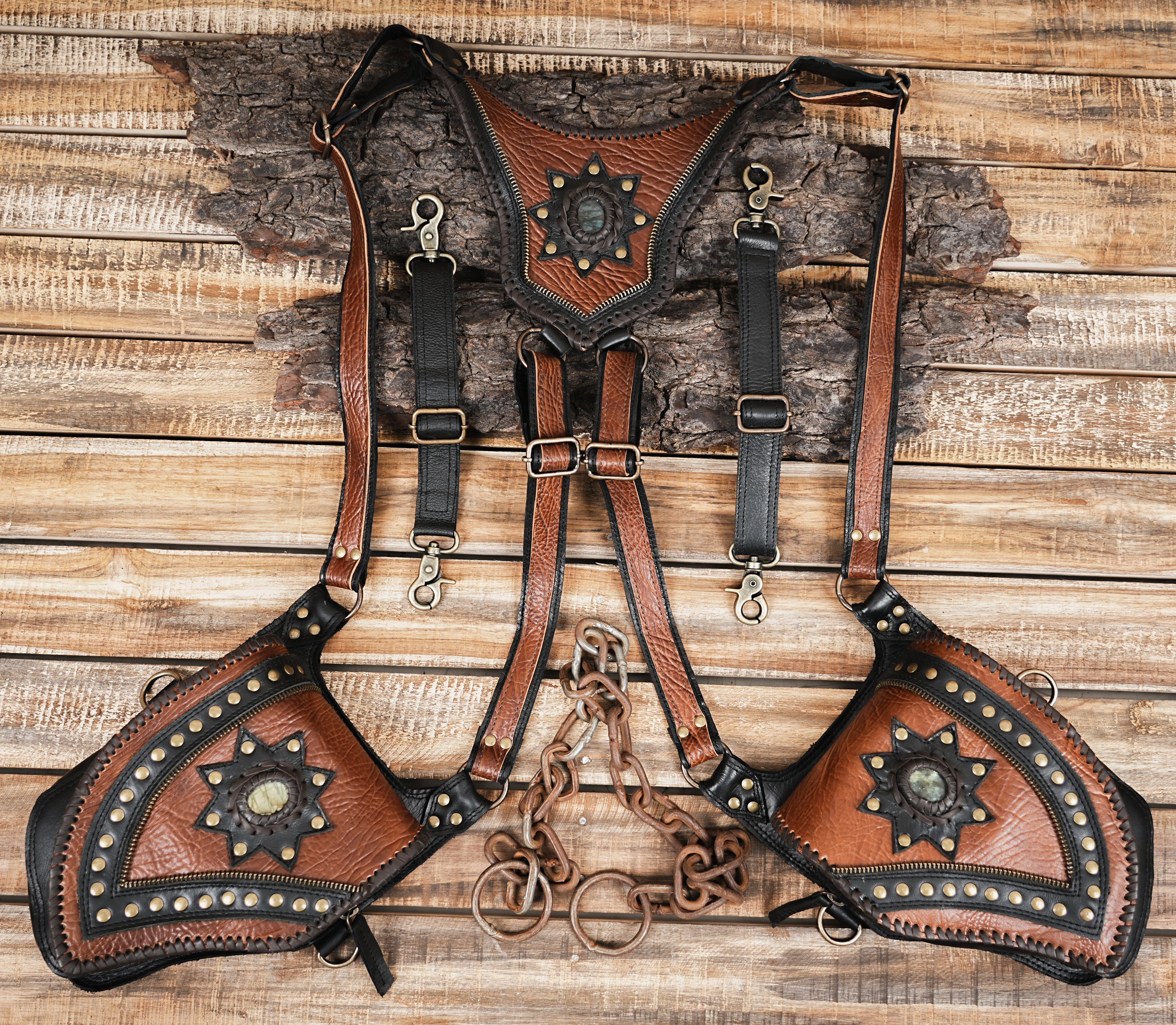 Rustic leather holster with boho steampunk aesthetic