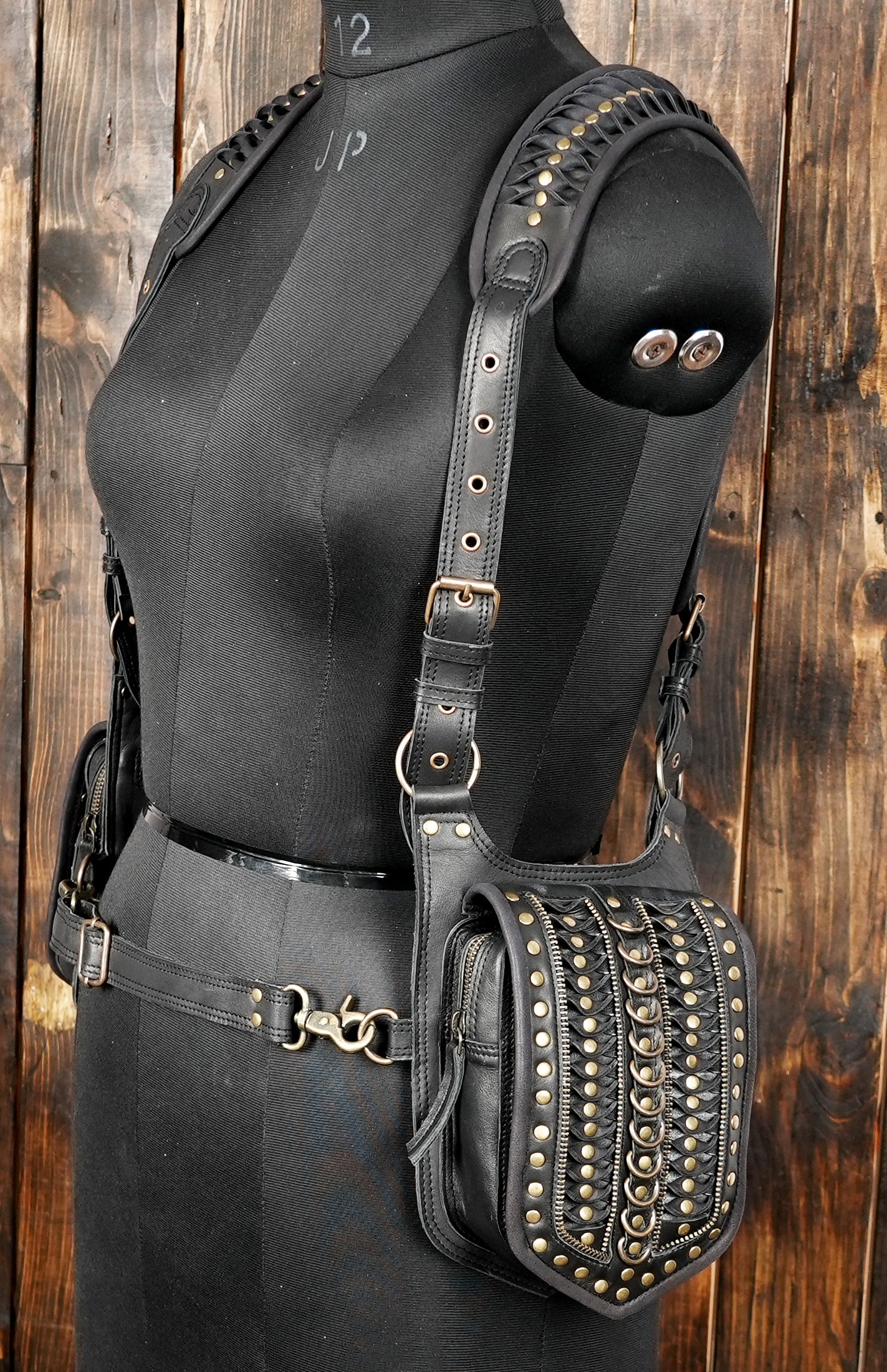 Handmade Leather Shoulder Holster Bag with Real Labradorite Gemstones || Burning Man holster || Adjustable straps || For Unisex || with biker holster 