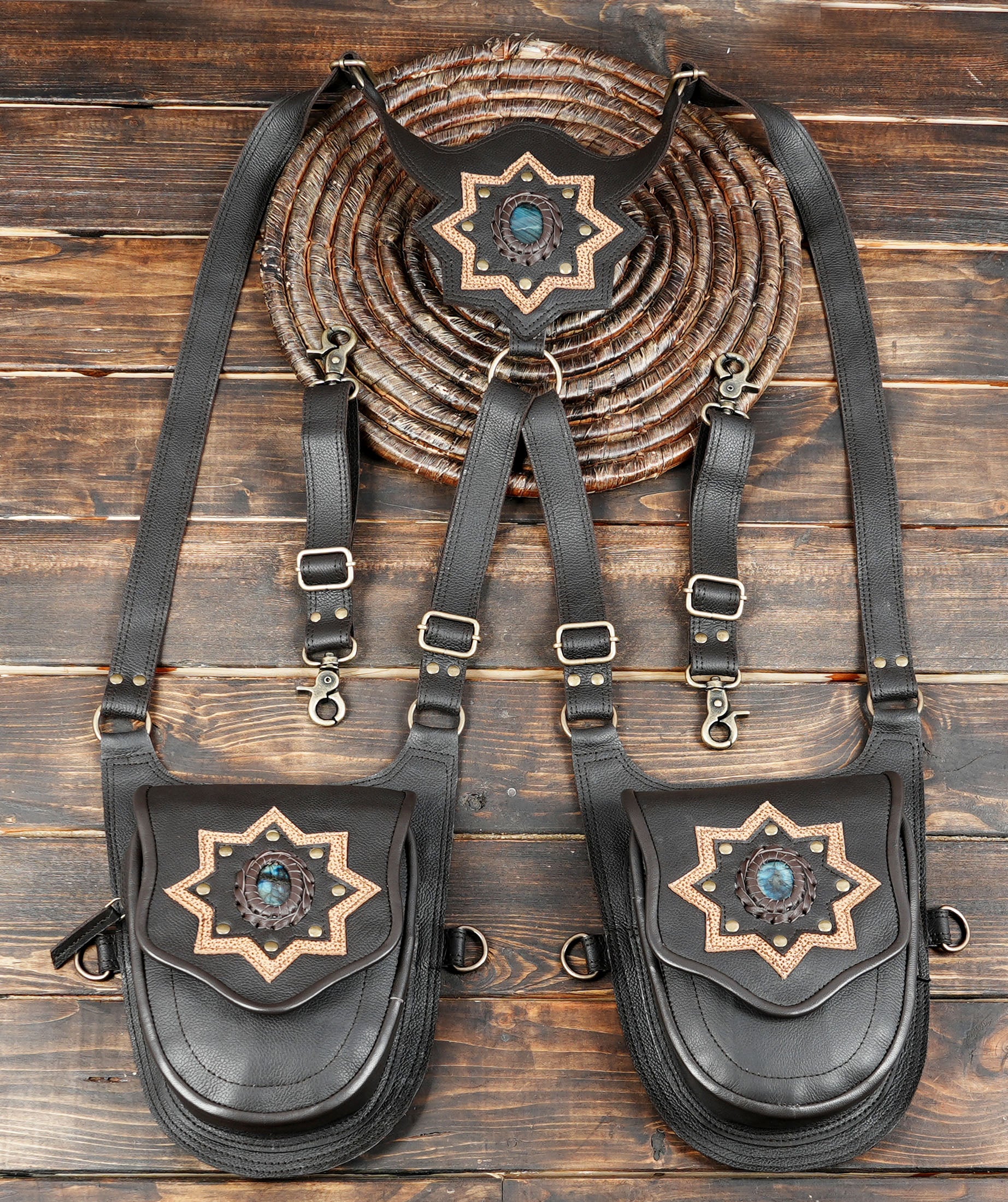  Double Shoulder Bag Multipurpose Vest Bag for Travel Cosplay Shopping for biker holster and bule gemstone 