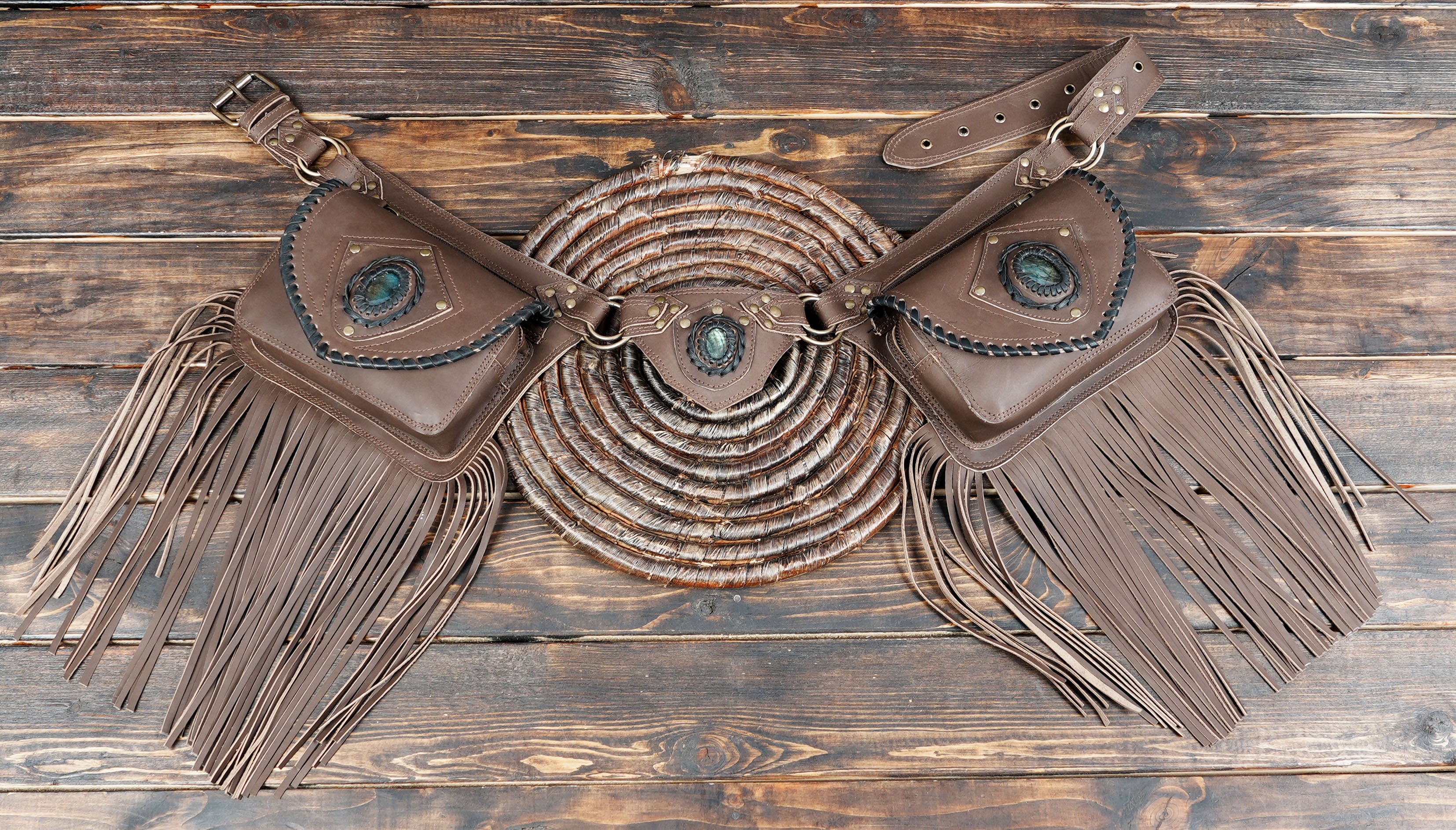 Leather Festival Utility Belt -Belt Bag -Pocket belt with LABRADORITE stone with gemstone 