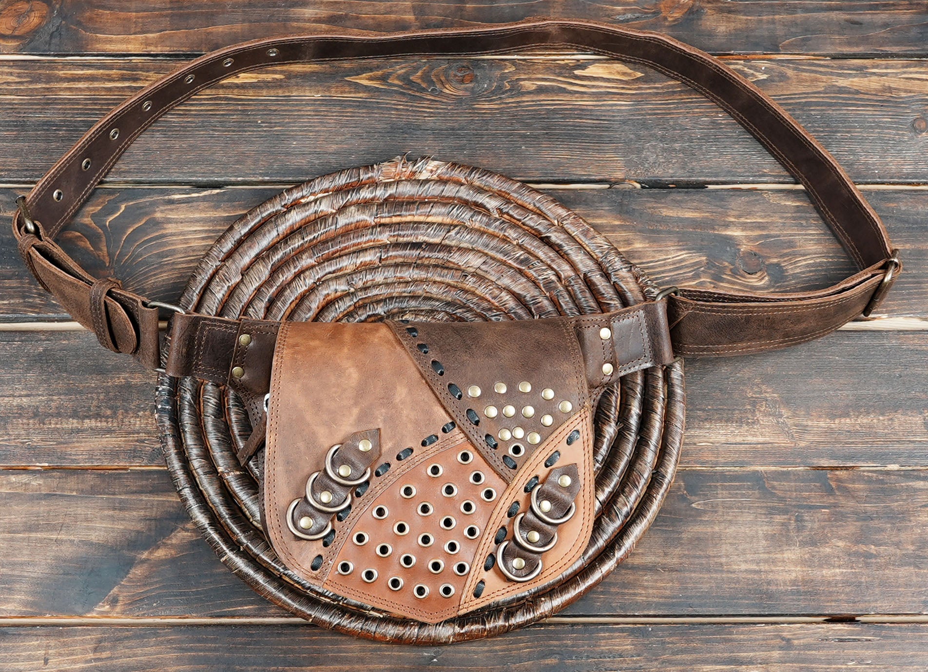 Handmade Leather Waist Belt with Rivets & Rings – Festival Utility Bag