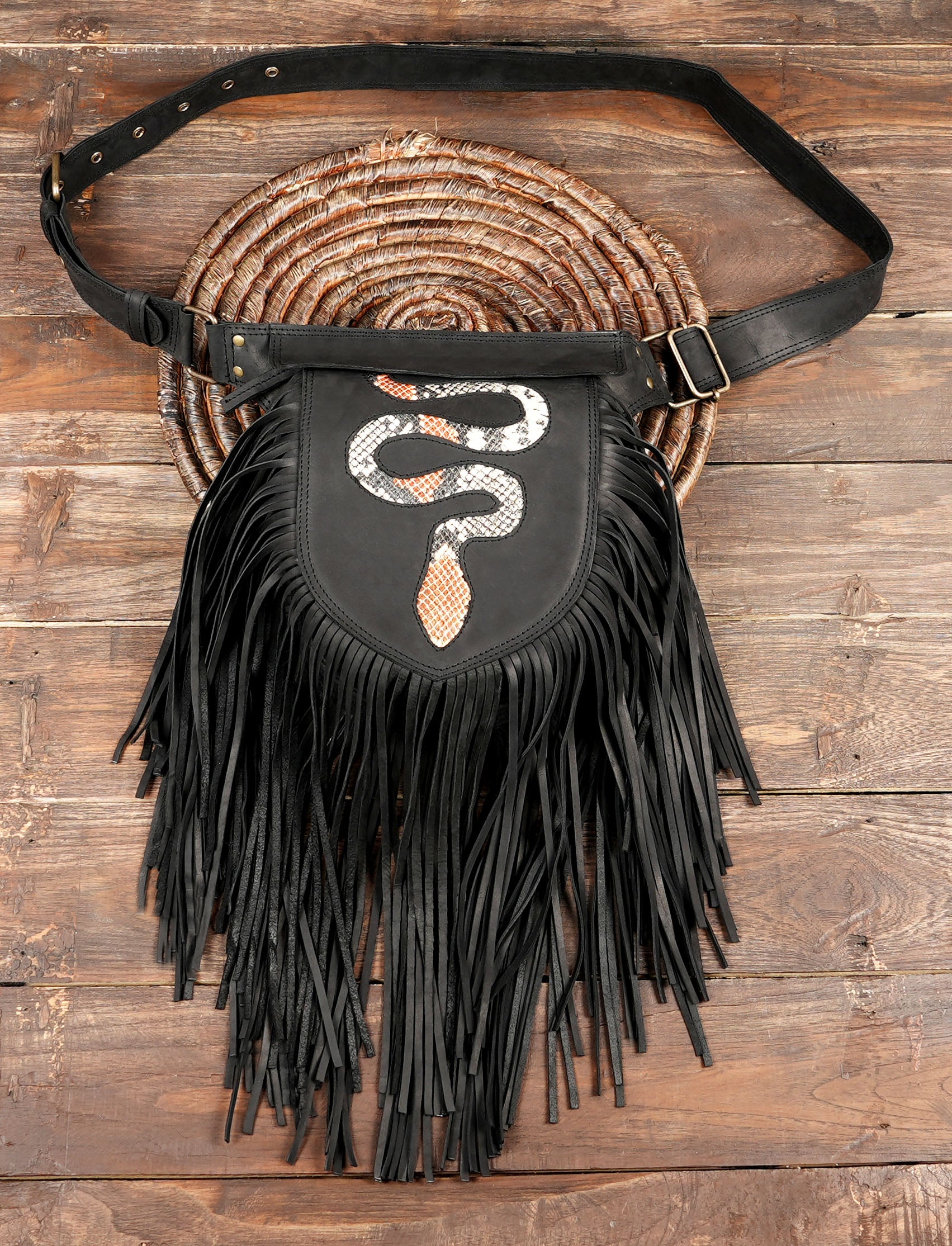 Handmade Western-style belt bag with long black leather fringe