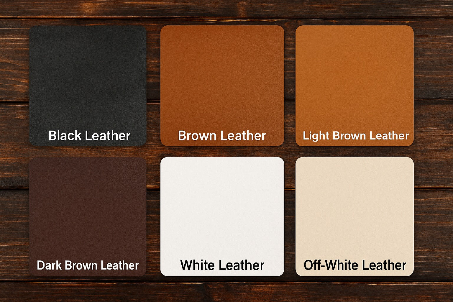 Color swatches of black, brown, light brown, dark brown, white, and off-white leather on a wooden background.