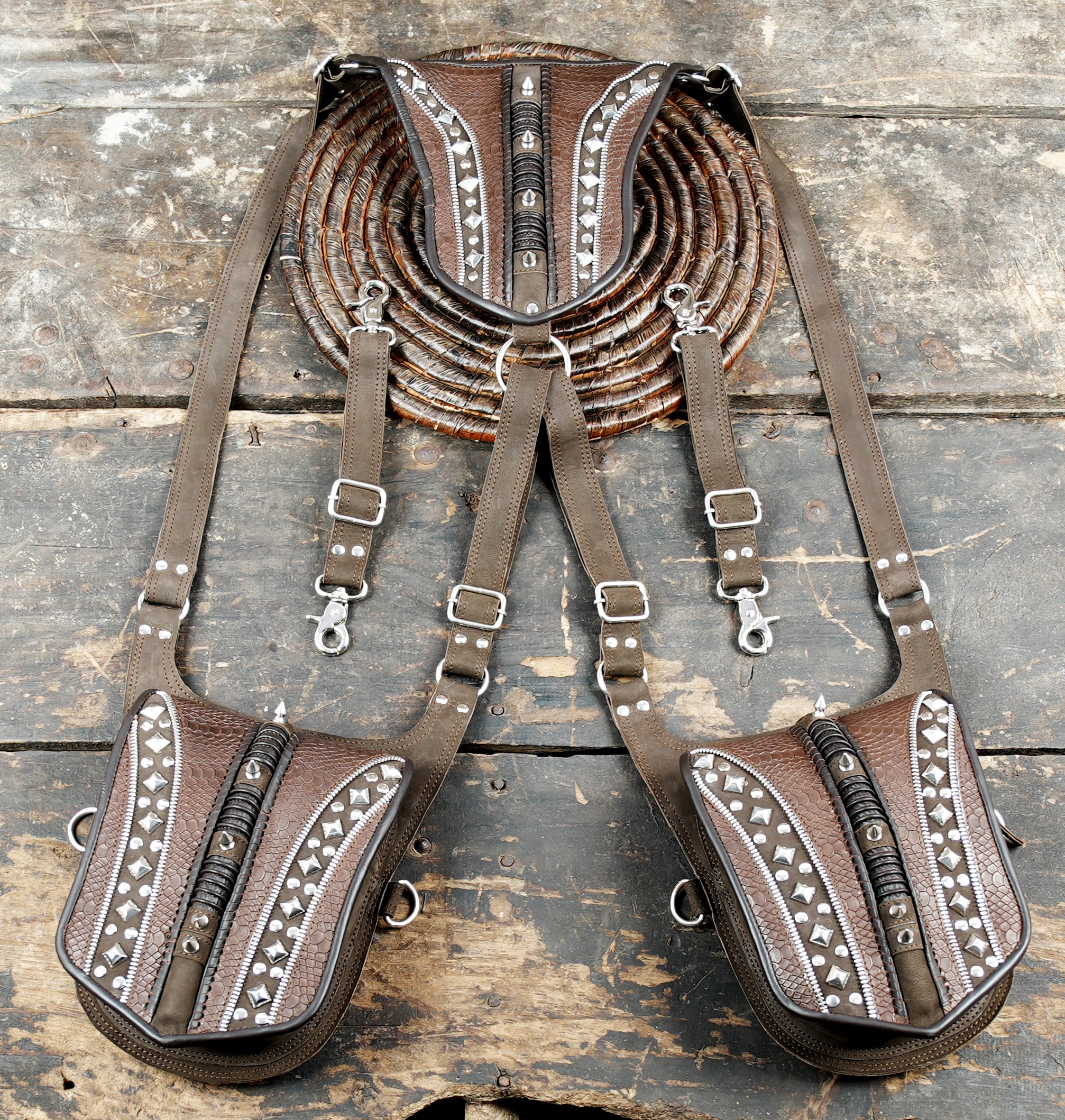 HOLSTER LEATHER BAG // Double leather pouch //handmade // unisex//adjustable// detachable pockets//holster harness/  metal steel  creativity 