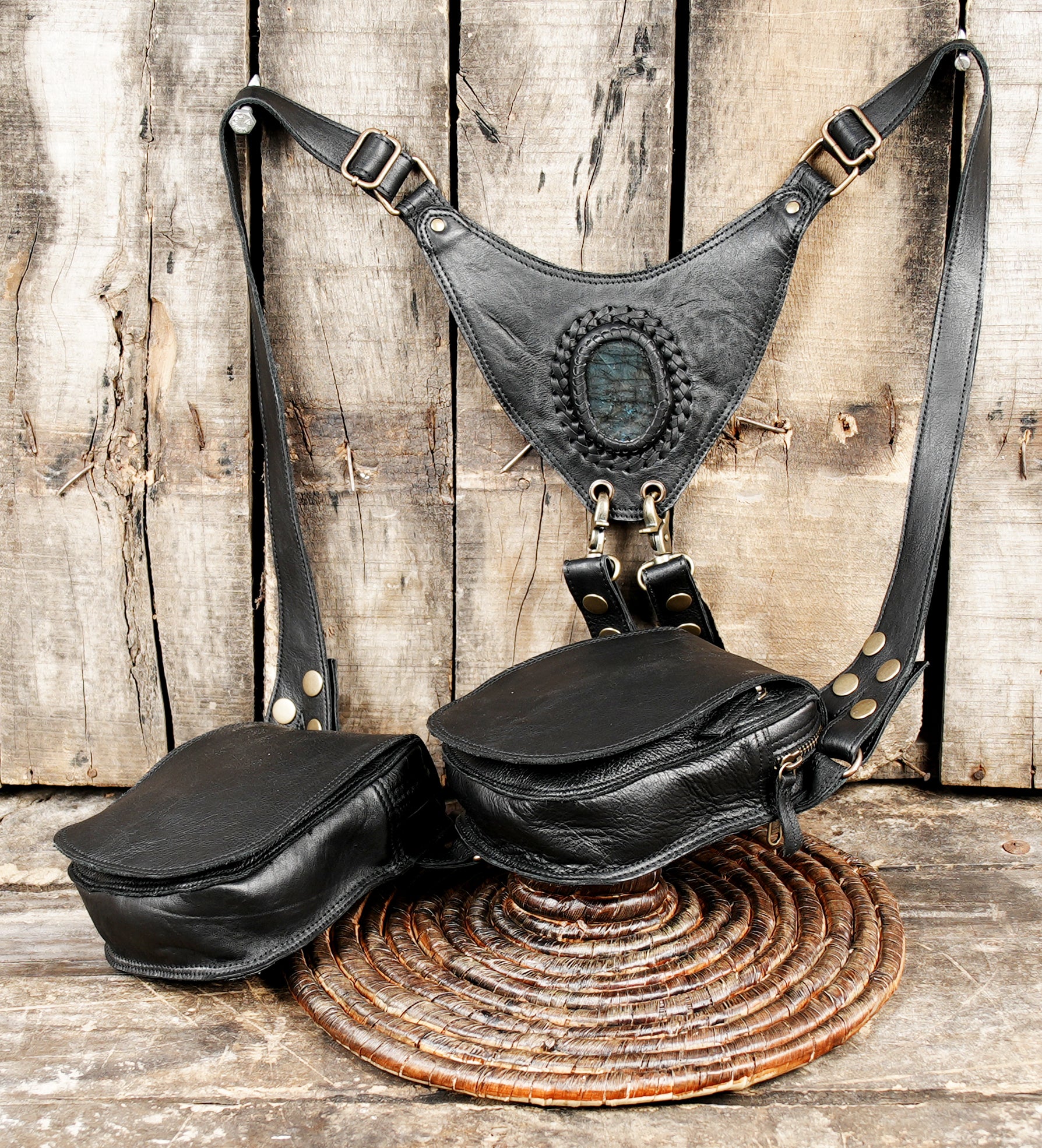 Artisan leather utility holster bag with dual compartments