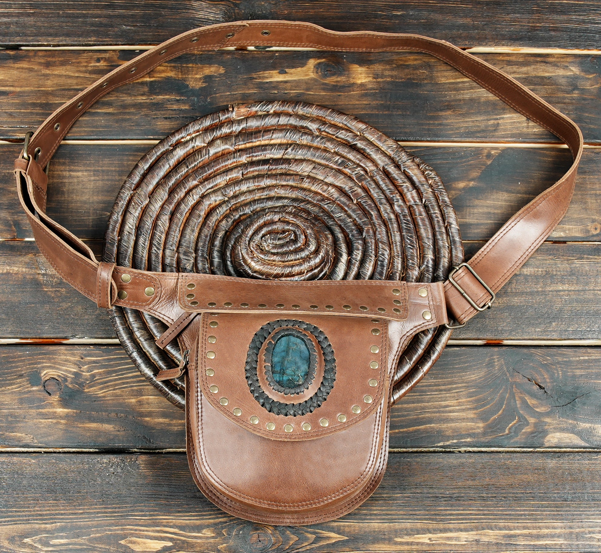 Handmade brown leather waist belt bag with gemstone
