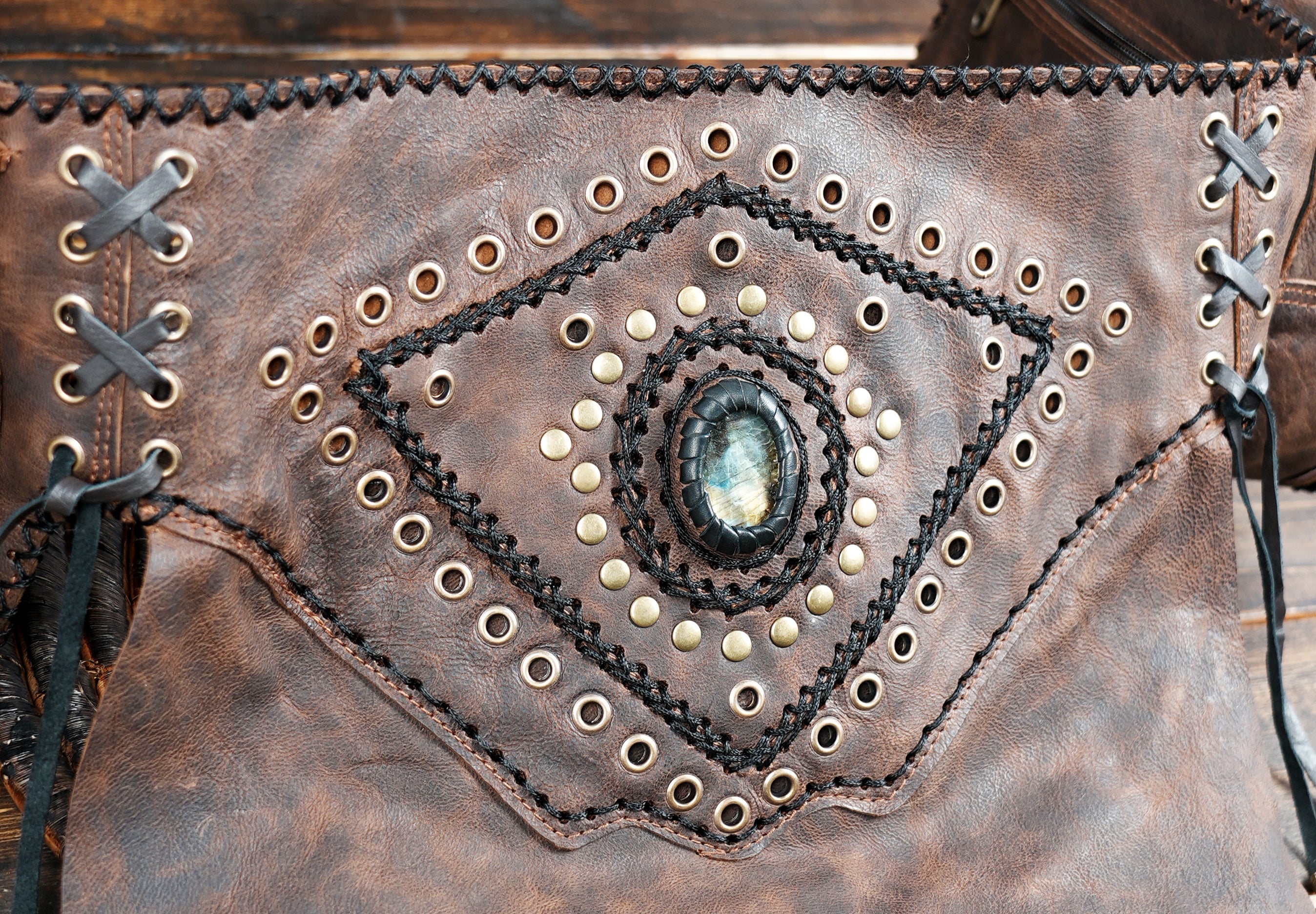 Boho tribal leather waist belt with dual side pockets