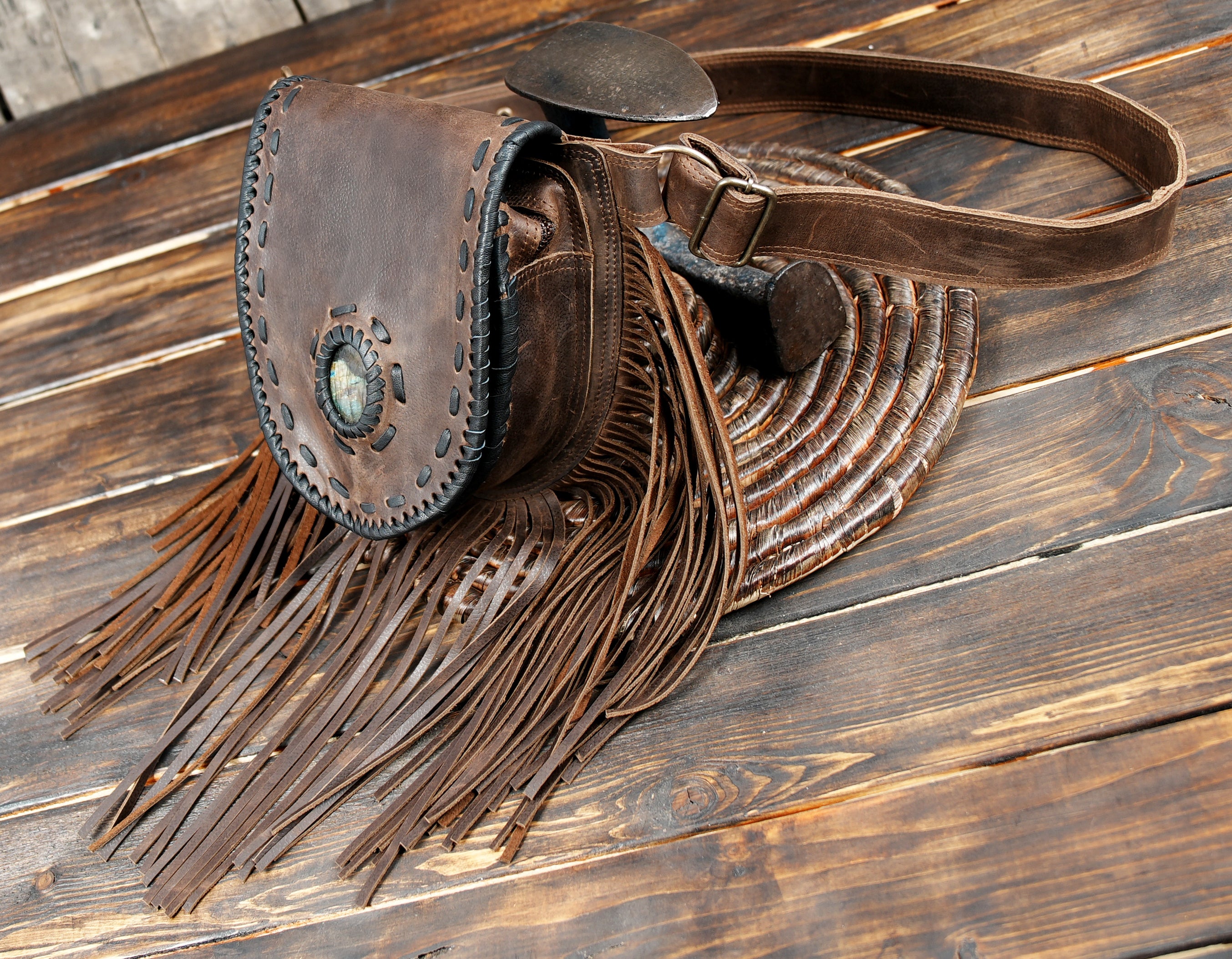 Brown leather fringe belt bag with natural gemstone detail