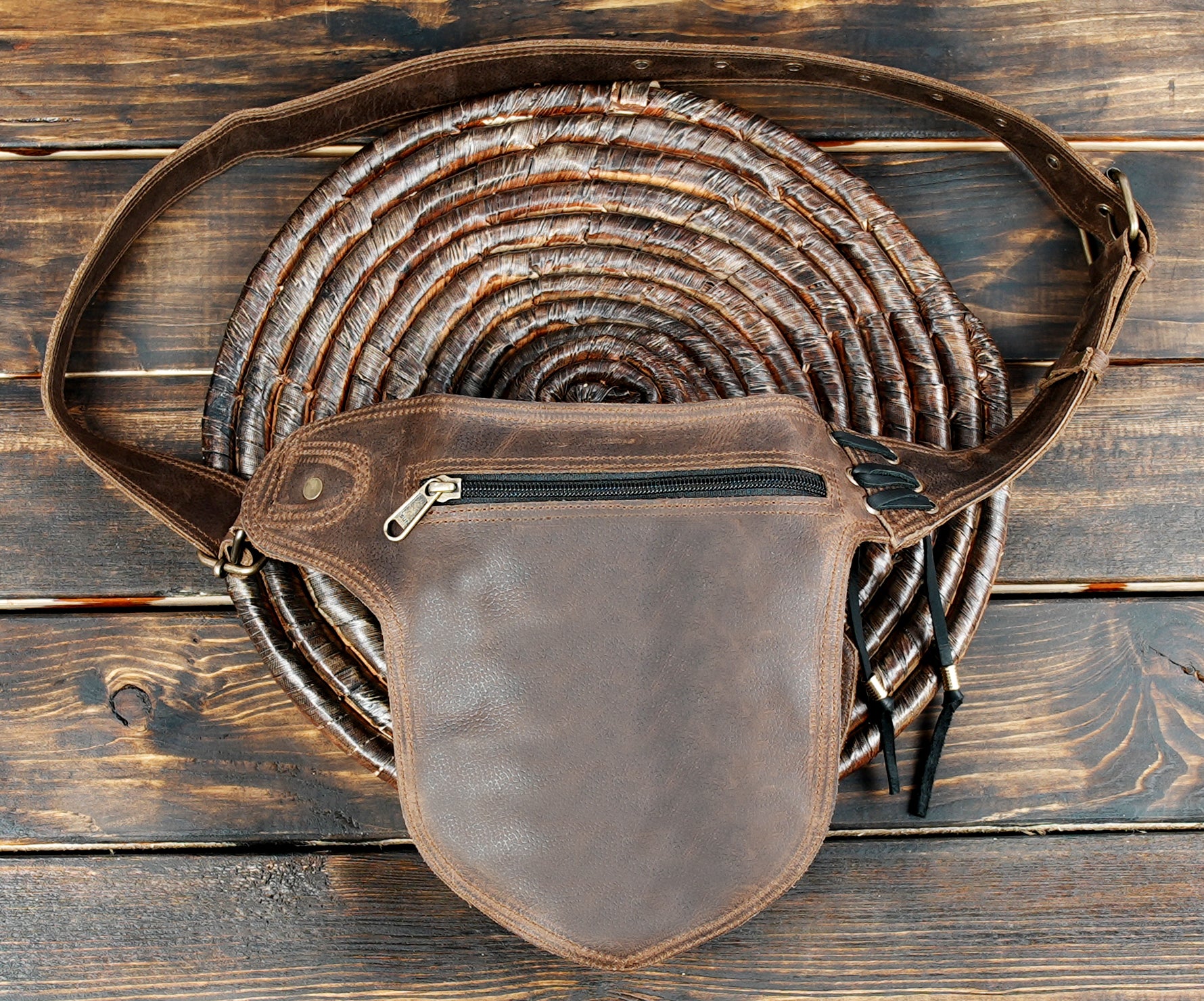 Handmade Leather Belt Bag: Labradorite Gemstone Pocket, Unisex Hip Pack back  side zipper 