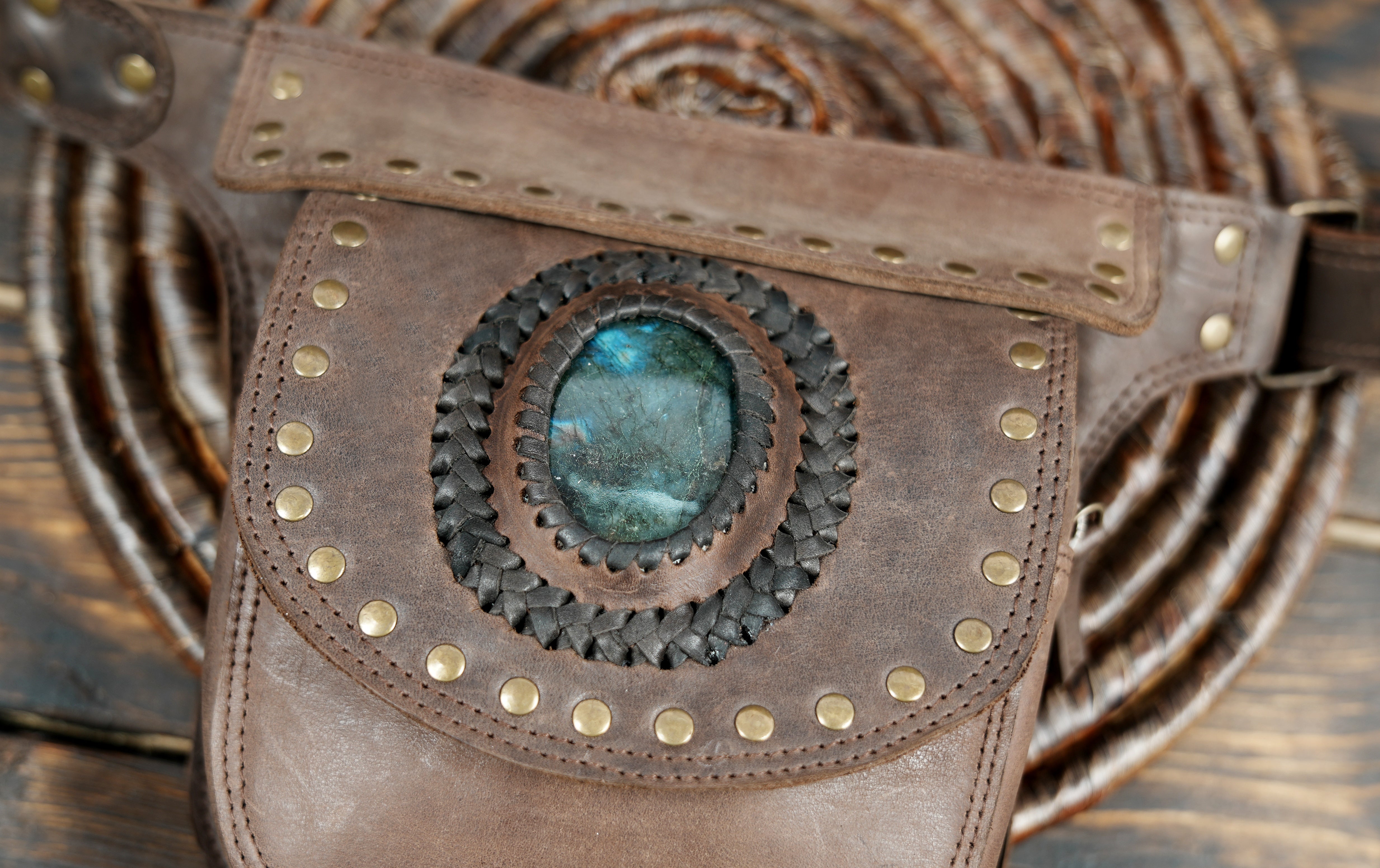 Artisan brown leather fanny pack with natural stone