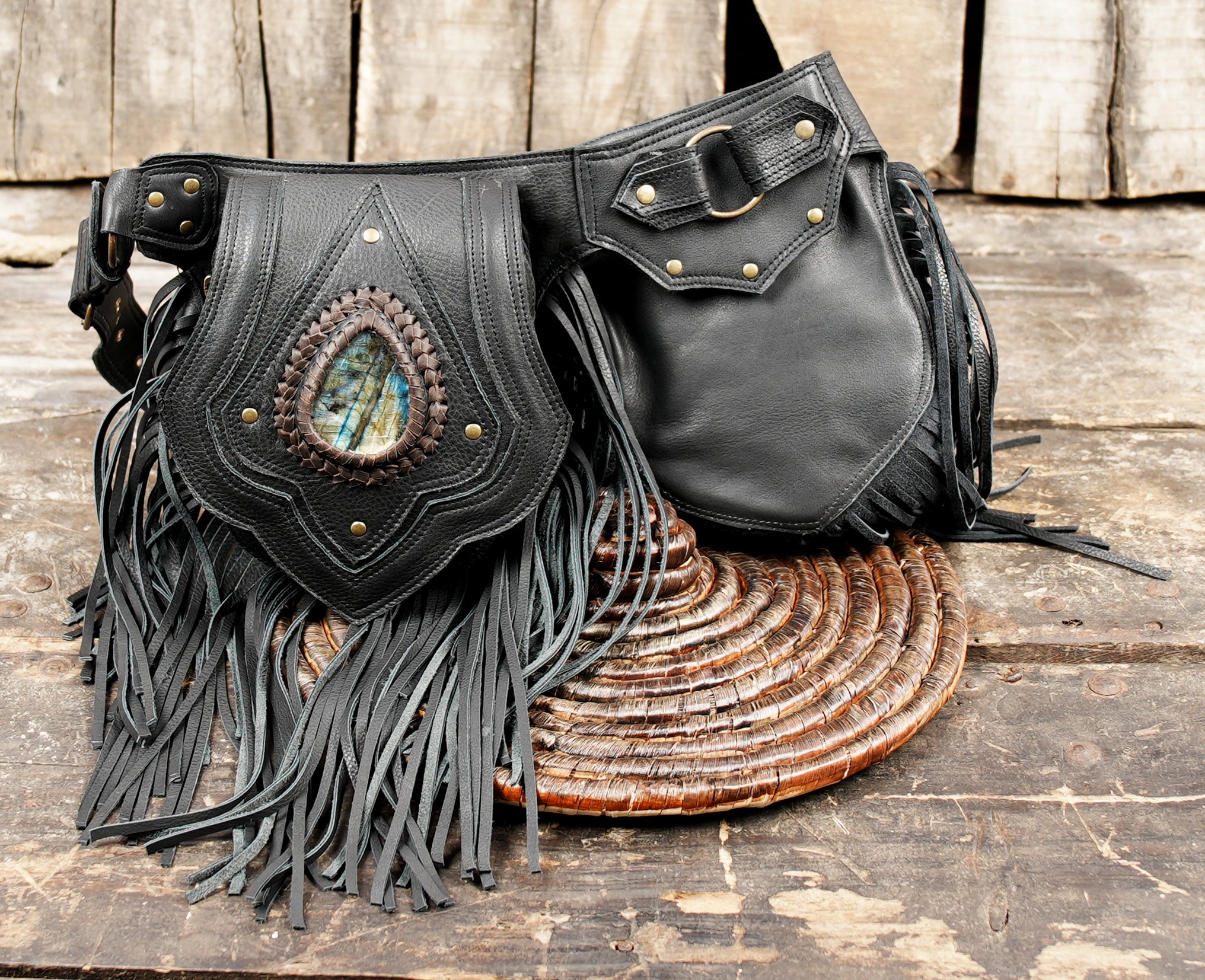 Fringe Leather Satchel Belt: Fairycore Utility Belt with Leaf Pockets WITH GEMSTONE 
