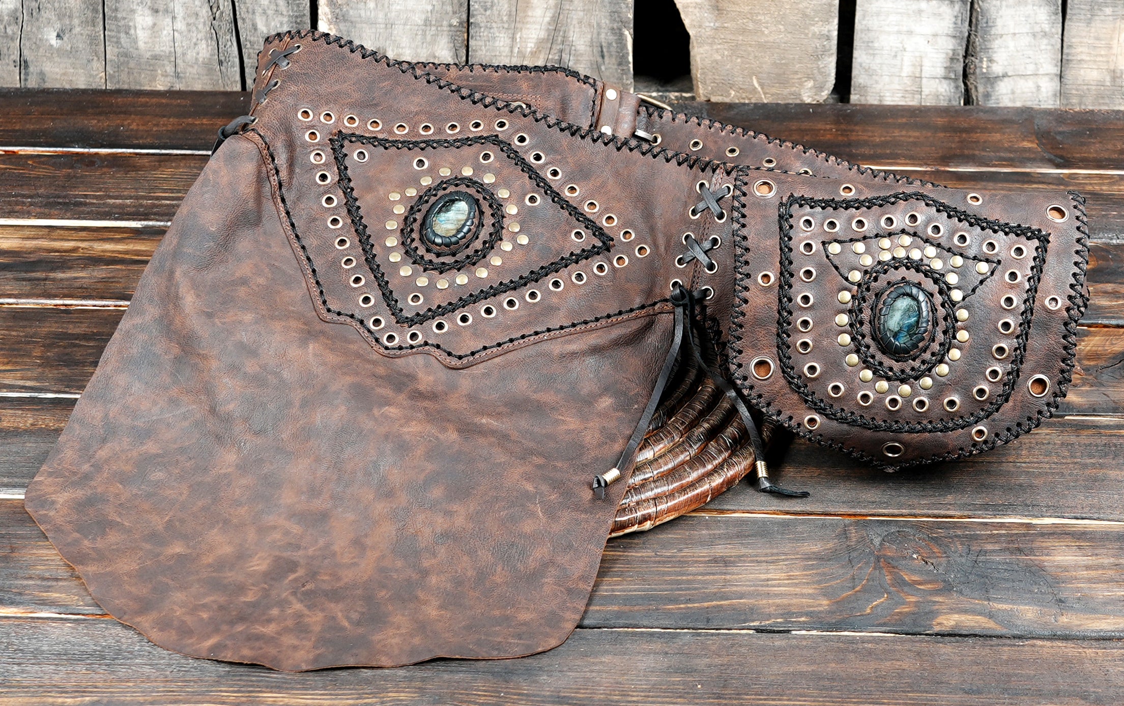 Bohemian leather skirt belt with eyelet accents and pouches