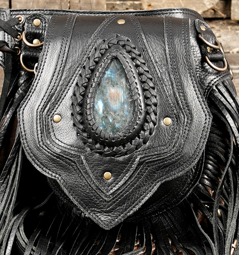 Handmade Black Leather Fringe Waist Bag: Labradorite Gemstone Belt Pouch WITH METAL FITTING 