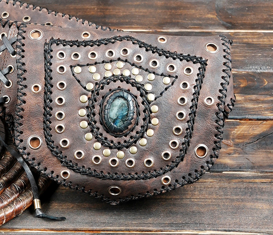 Handmade leather skirt waist belt with pouches and gemstone detail