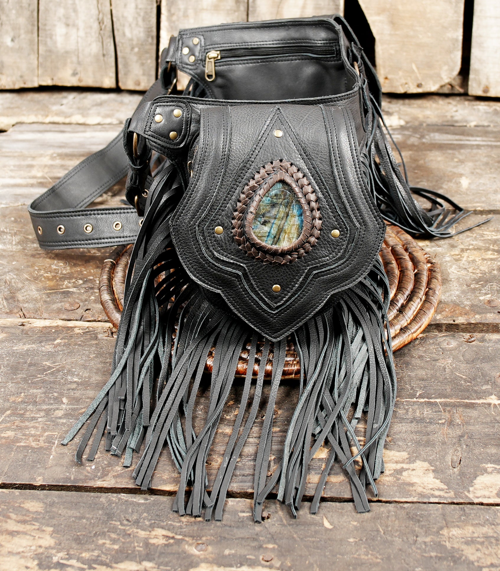 Buy Handmade Black Leather Fringe Waist Bag: Labradorite Gemstone Belt Pouch Online in USA